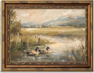 Gold Framed Vintage Duck Canvas Wall Art pond Mallard Duck Lake Painting Picture Wall Decor Reed Scenery Rustic Animal Oil Poster Print Artwork for Living Room Bedroom Home Decoration 9x11in