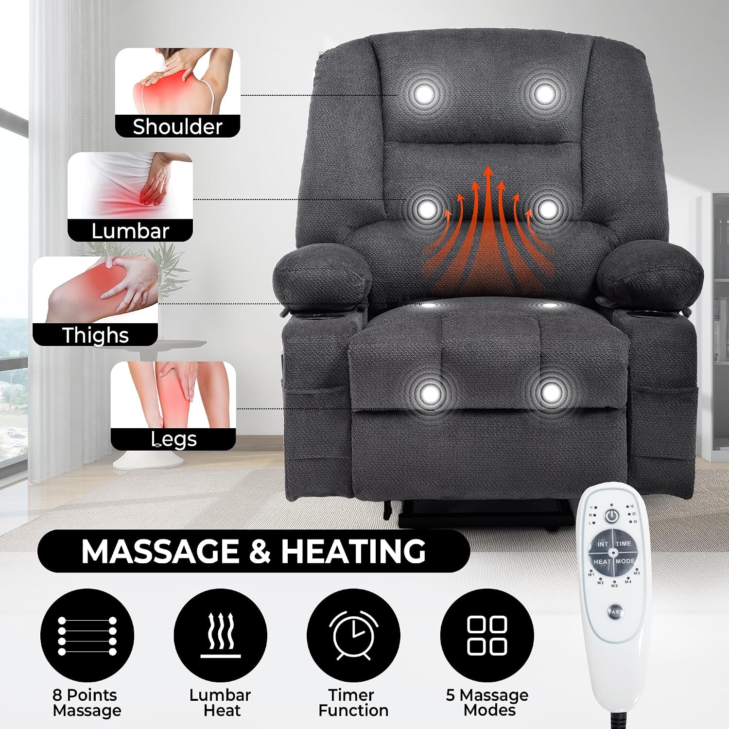Power Lift Recliner Chair for Elderly People with USB Port Cup Holder, Overstuffed Fabric Electric Massage Recliner Chair with Heat for Seniors Adults, Grey