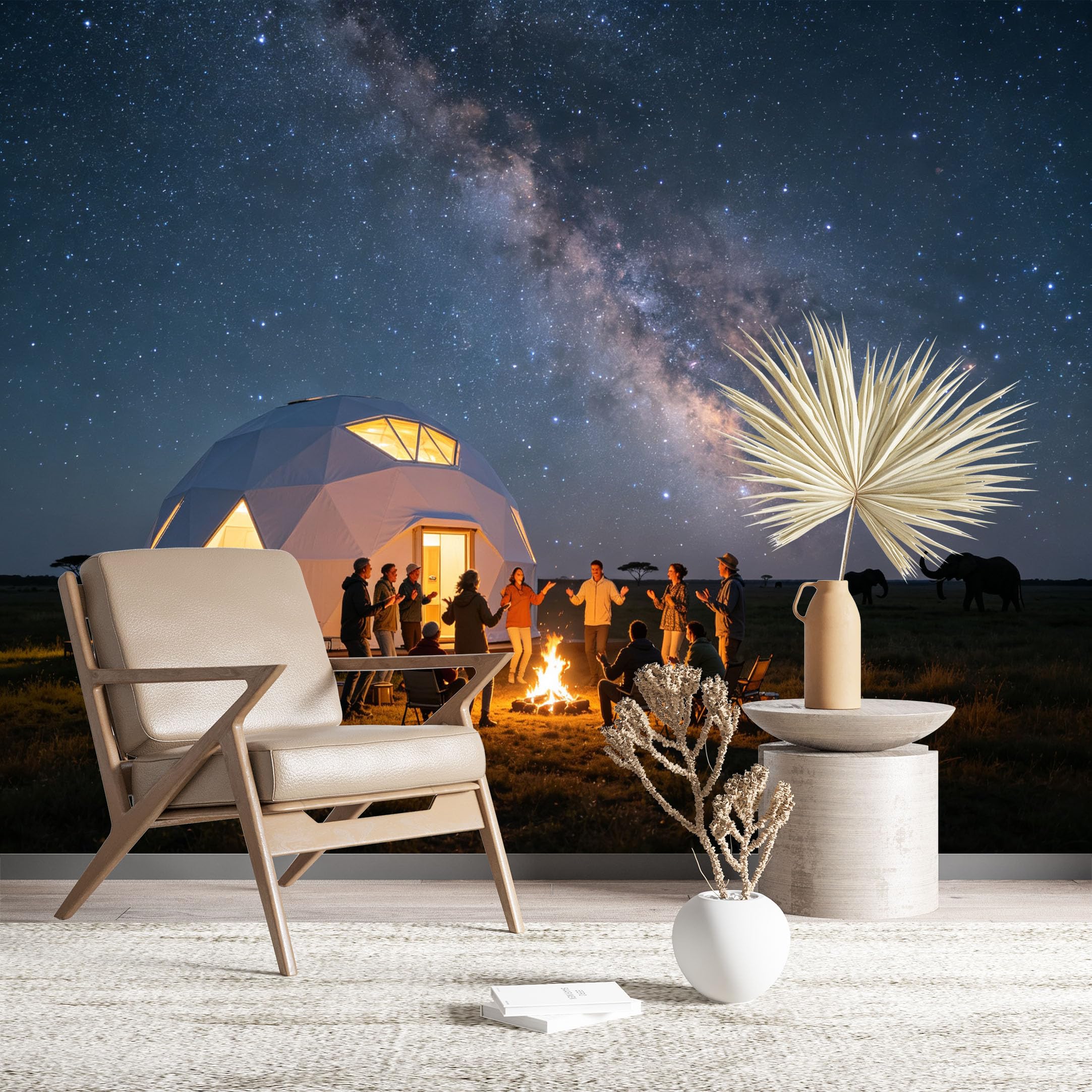 Custom Size Wall Murals Safari Glamping Under Starry Sky Wall Murals Adventure Wallpaper Wall Stickers Self-Adhesive Removable Wallpaper for Living Room Bedroom