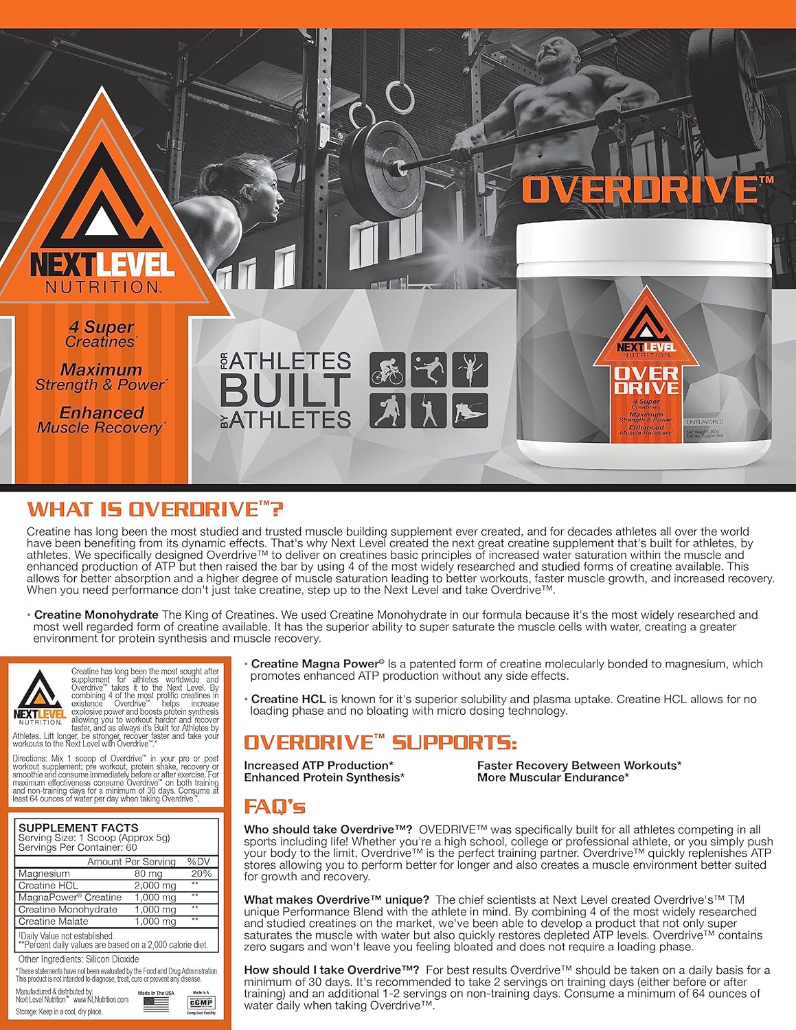 Overdrive Creatine Strength and Muscle Builder for Men & Women I Explosive Power | Faster Recovery | Better Performance | | 60 Servings