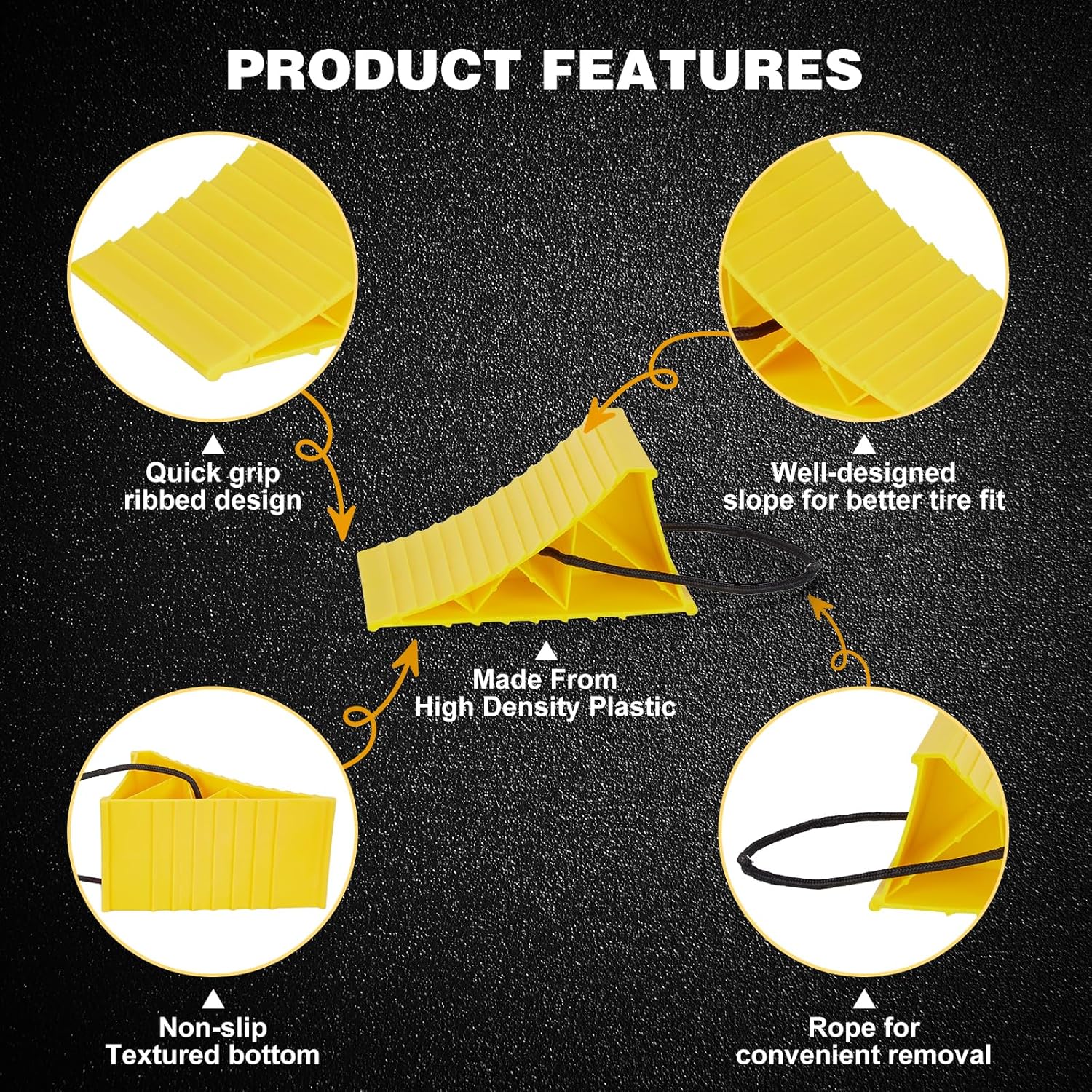 PAHTTO Wheel Chocks, 4Pack Heavy Duty Wheel Chocks with Rope for Easy Removal, Durable, Non-Slip, Hard Plastic Wheel Chocks for, RV, Camper, Effective in Keeping Your Vehicle in Place, Yellow