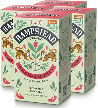 Hampstead Organic Green Tea with Raspberry Bags (4 Packs of 20), Biodynamic Fruity Green Infusion, Plastic-Free & Compostable Individually Wrapped Tea Bags