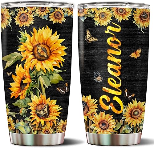 Regalos personalizados de girasol para mujeres, taza de café aislada de acero inoxidable de 20 onzas, taza de viaje, botella de agua, regalo para