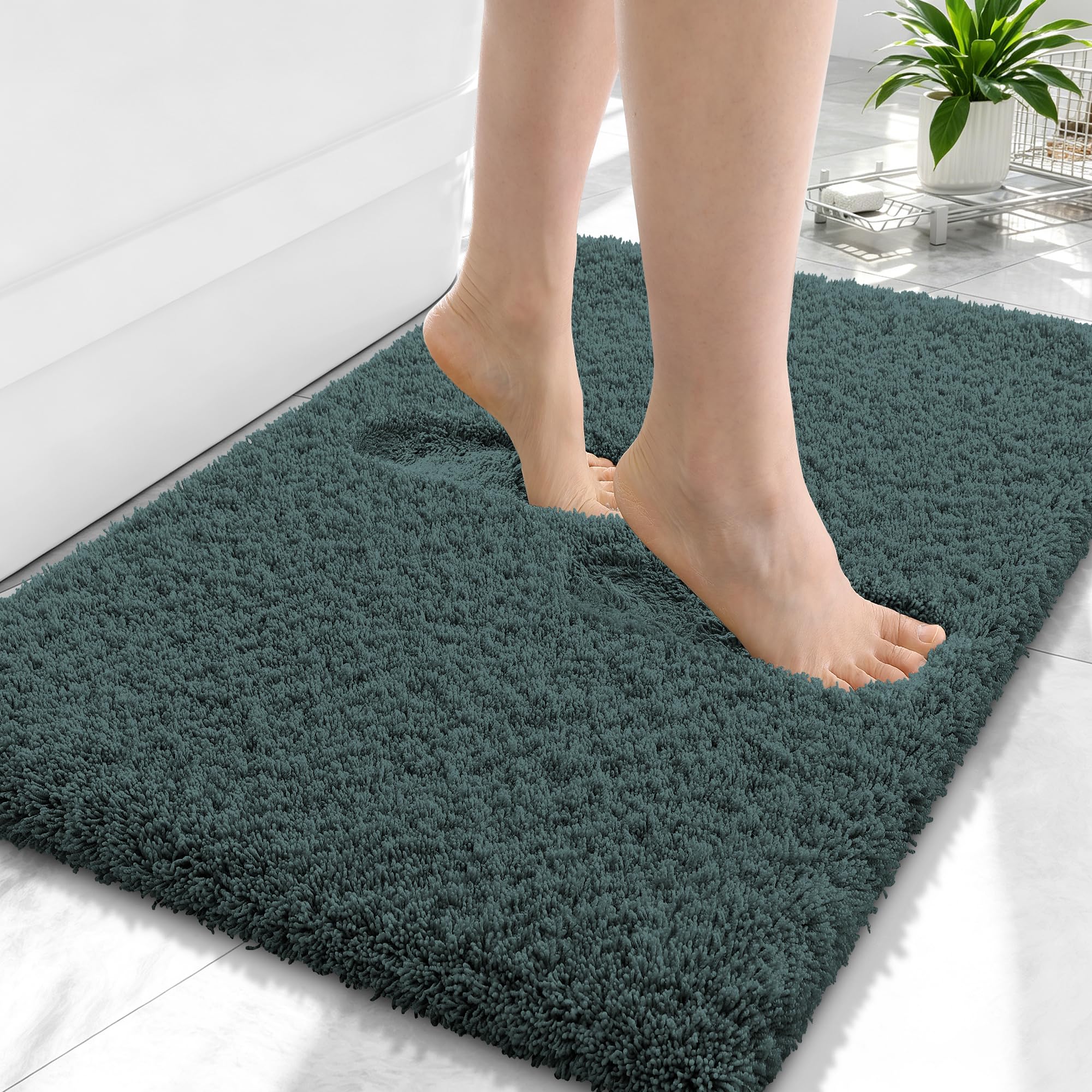 OLANLY Microfiber Small Bathroom Rugs 24x16, Soft Bath Mat, Blackish Green