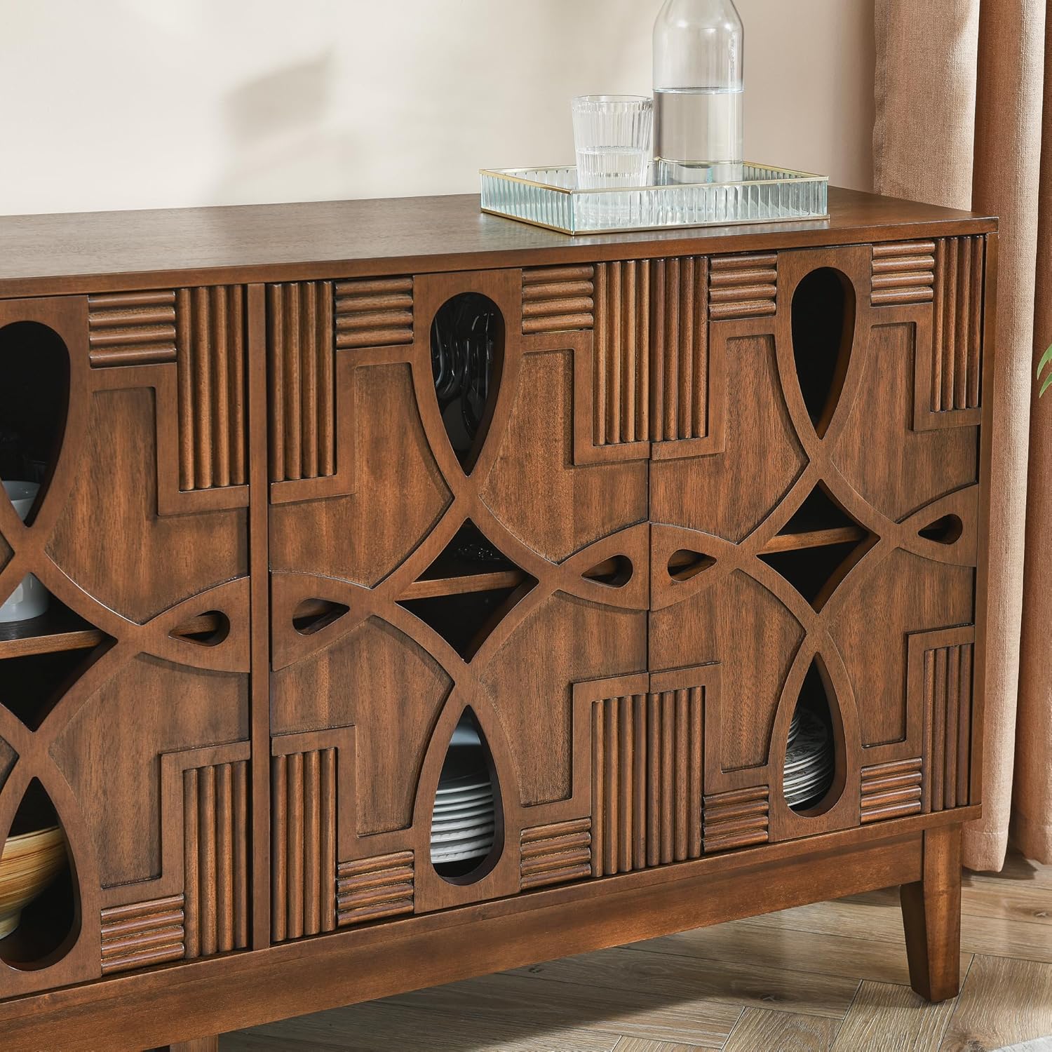 KEIKI 60.5'' Buffet Cabinet with Storage, Farmhouse Fluted Sideboard with Geometric Pattern & Adjustable Shelves, Mid Century Modern TV Stand for Living Room Kitchen Dining Room Entryway, Walnut