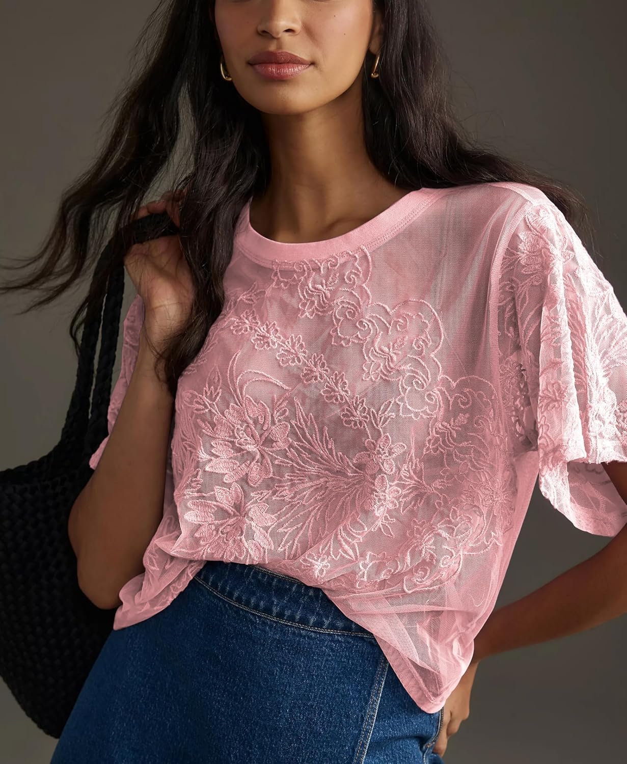 Aimiray Women's Sexy Lace Tops Short Sleeve Round Neck Mesh 3D Printed Floral Sheer Blouse See Through Layering Shirt Tops - Image 5