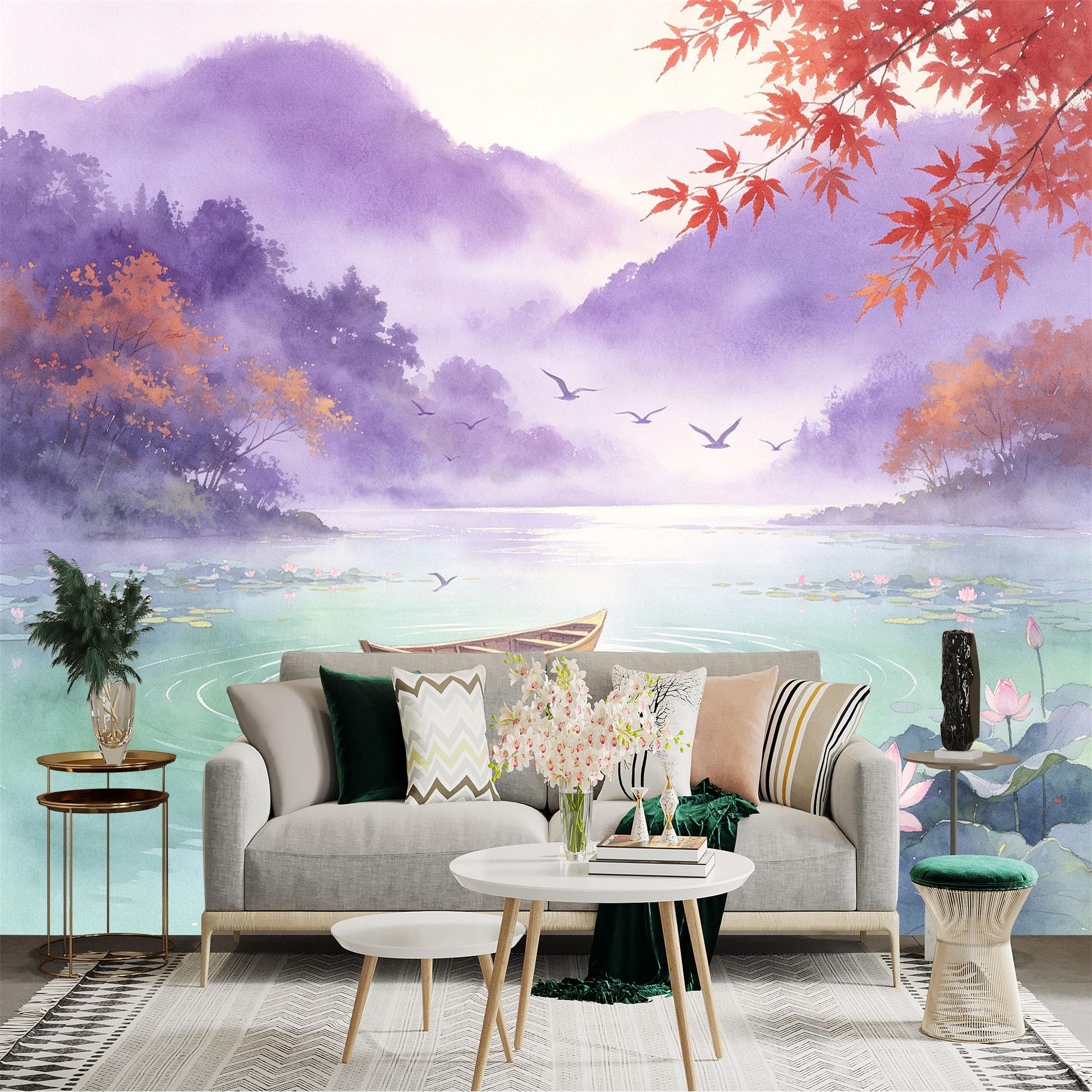 Custom Size Wall Sticker Mural， Watercolor Lotus Pond， Peaceful Wooden Boat， Misty Mountains and Red Maple Leaves， for wall Decoration， peelandstick wall Decals.