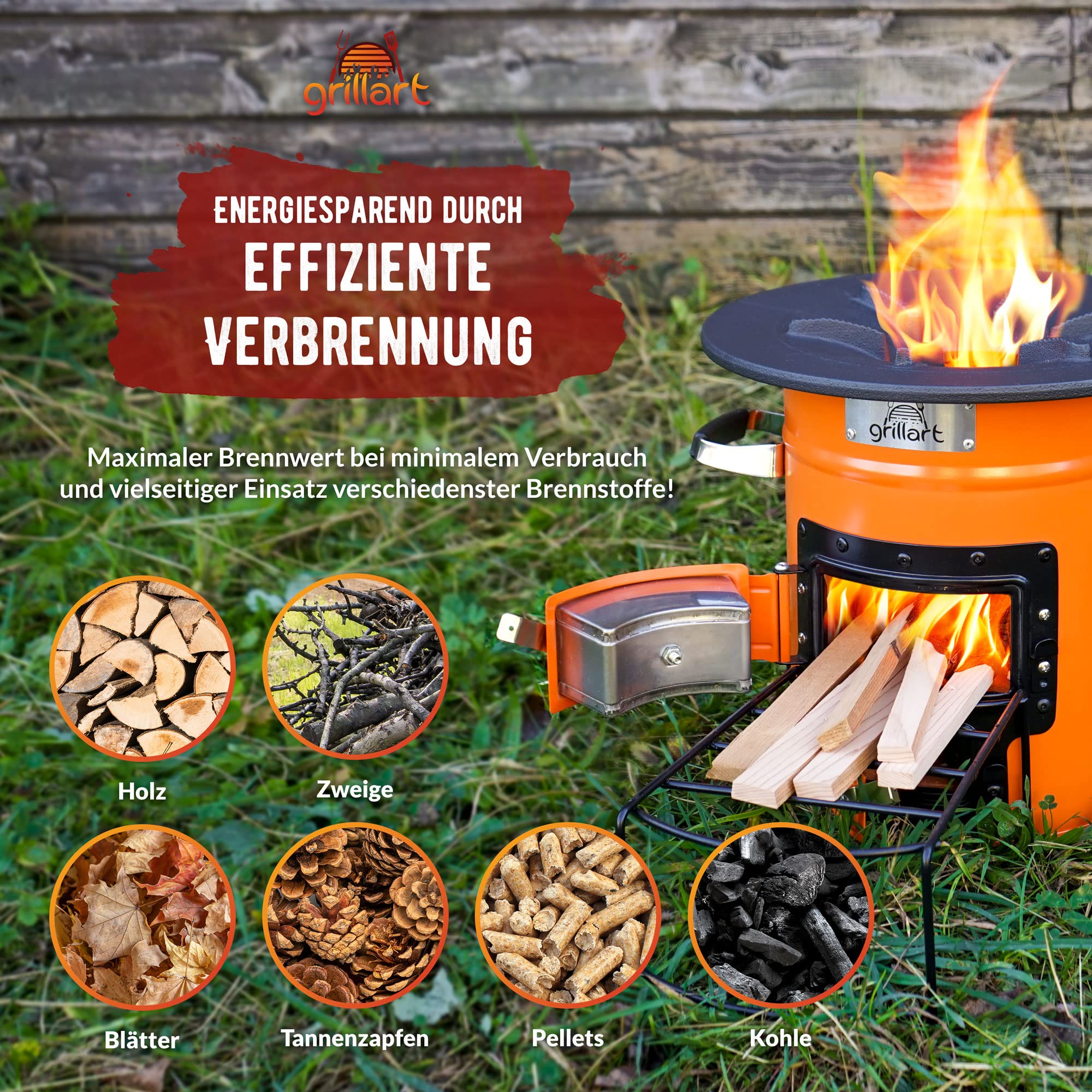 grillart® Outdoor-Raketepfanne "PowerTrain" avec sac de transport - Orange - Four à bois efficace comme réchaud de camping pour dutch oven et poêles à griller