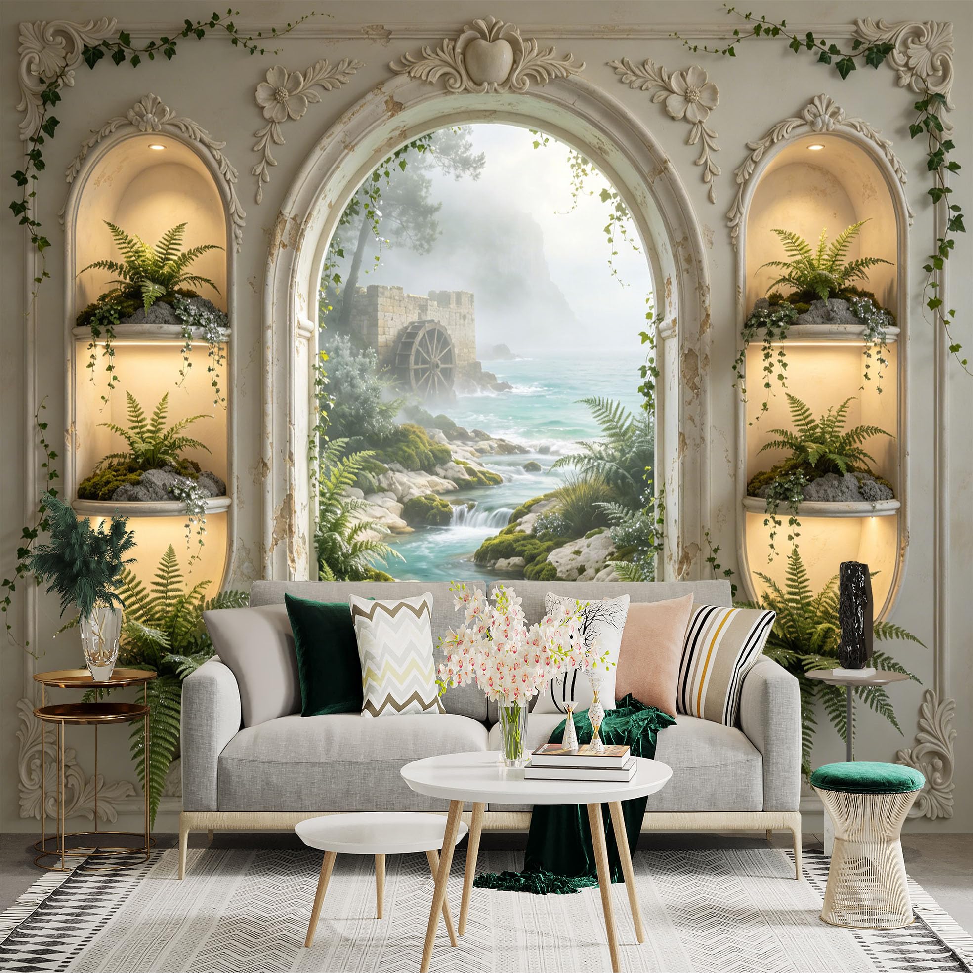 Custom Size Wall Sticker Mural， Vintage Stone Arch with Watermill River and Green Ferns， for wall Decoration， peelandstick wall Decals.