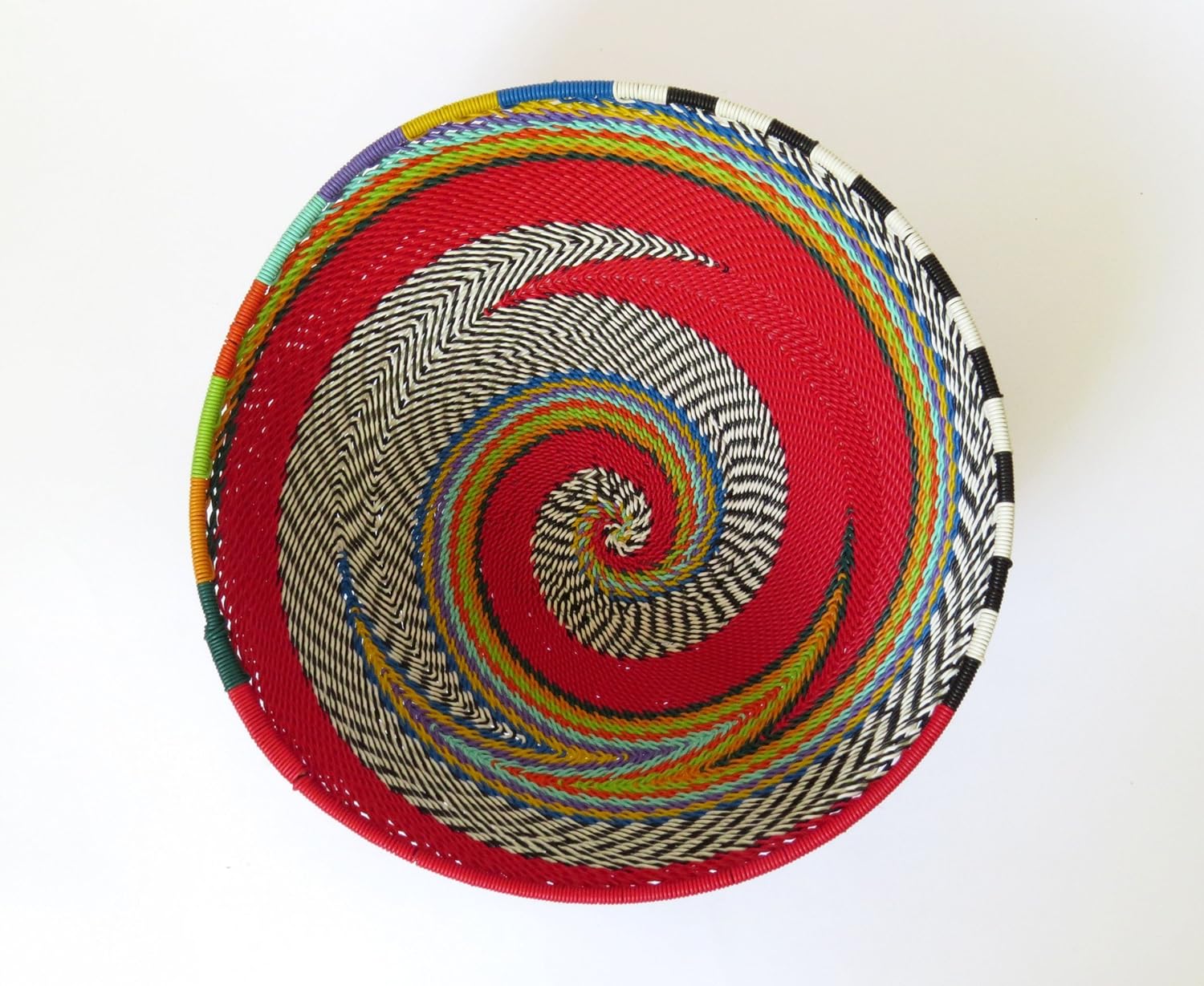 African Zulu woven telephone wire bowl Large round Red