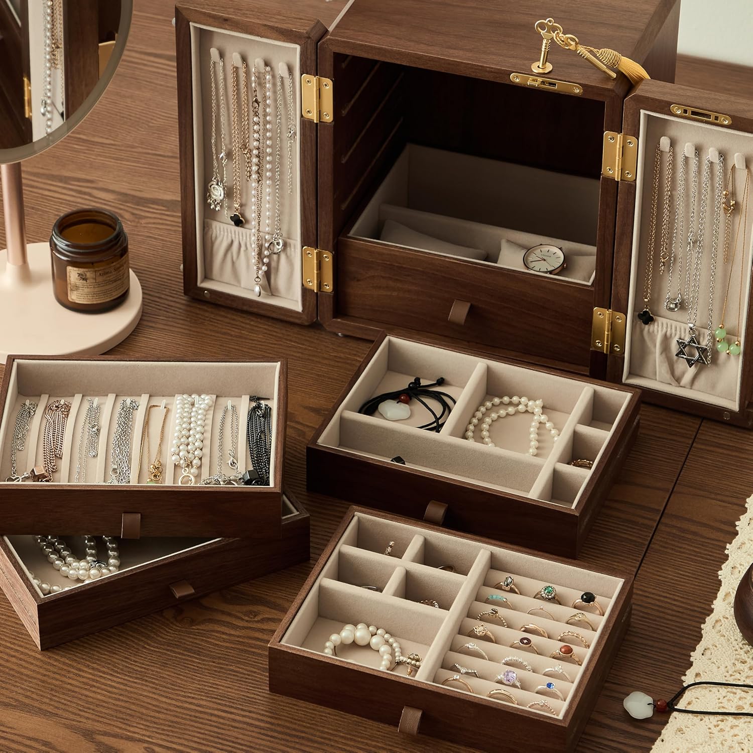 Lockable Walnut Jewelry Box with Key, 5-Layer Jewelry Organizer Storage Box, Wooden Holder for Necklaces, Rings, Earrings & Bracelets (9.05L x 7.87" W x 10.43" H)