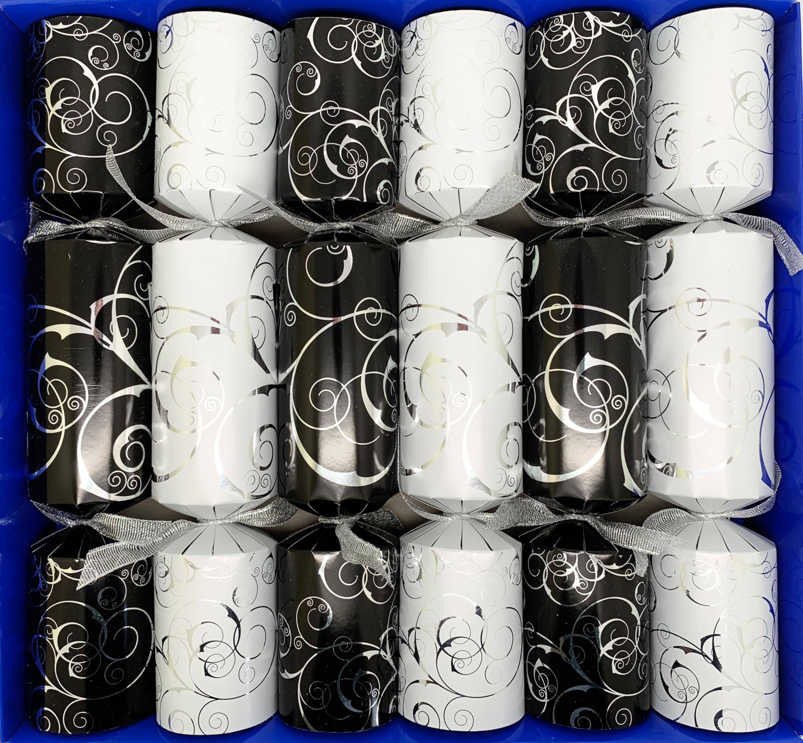 Crackers Ltd Black Fill Your Own Christmas Crackers - Box Of 6 Elegant Crackers In And White With Matching Silver Swirls