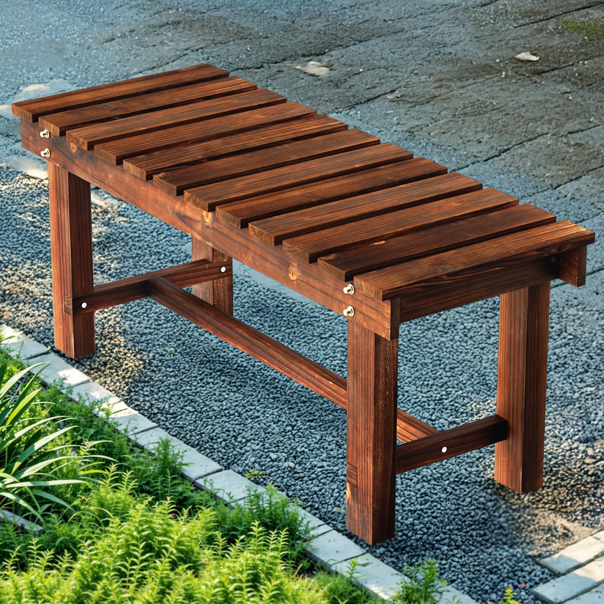 Banco de jardín al aire libre, banco de patio resistente a la intemperie, asiento para 2 personas, banco de porche de madera sin espalda, banco multifuncional para todo tipo de clima, para jardín