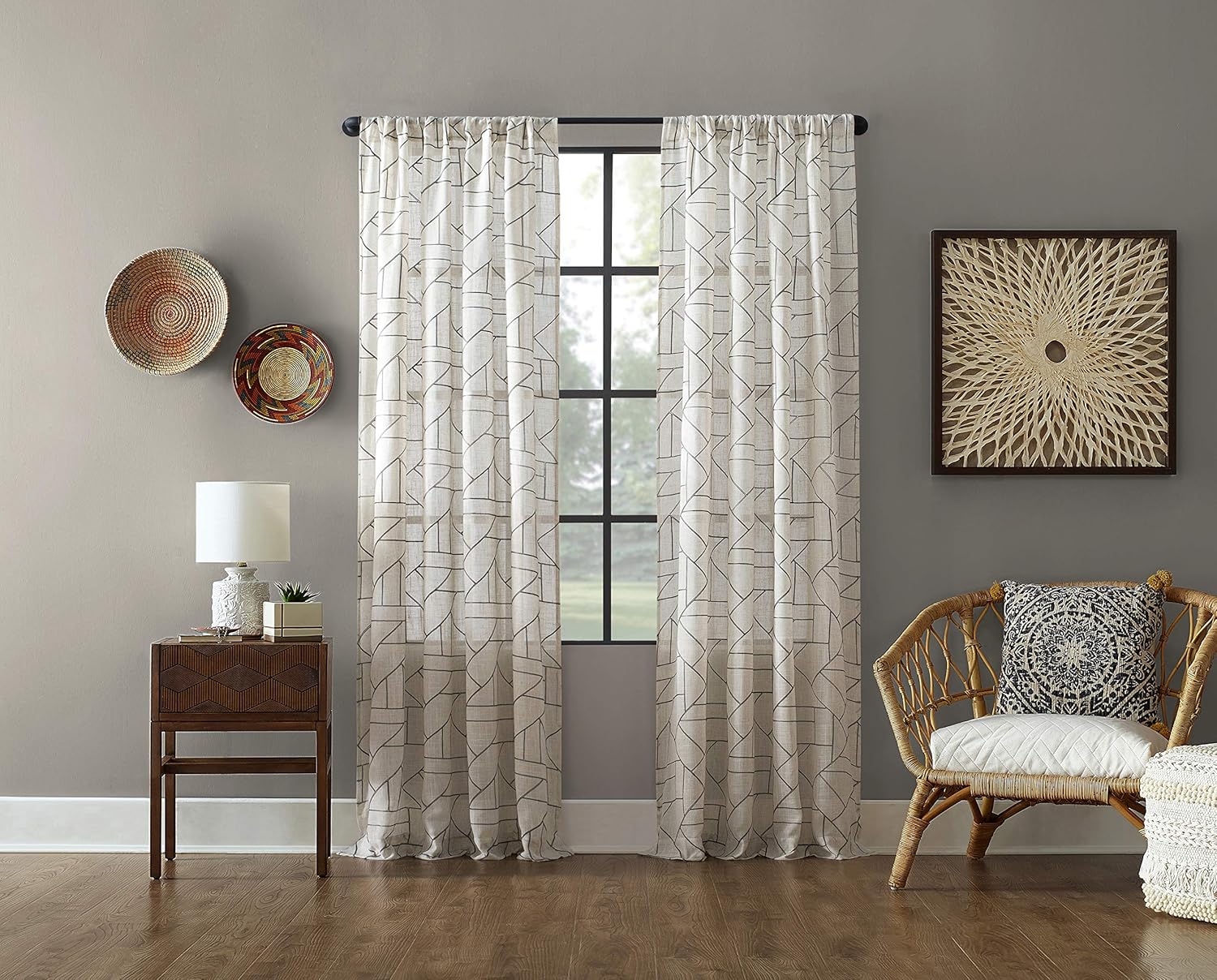 Archaeo Fragmented Geometric Embroidery Mid-Century Modern Natural Linen Blend Curtain, 50" x 95", Gray/Linen
