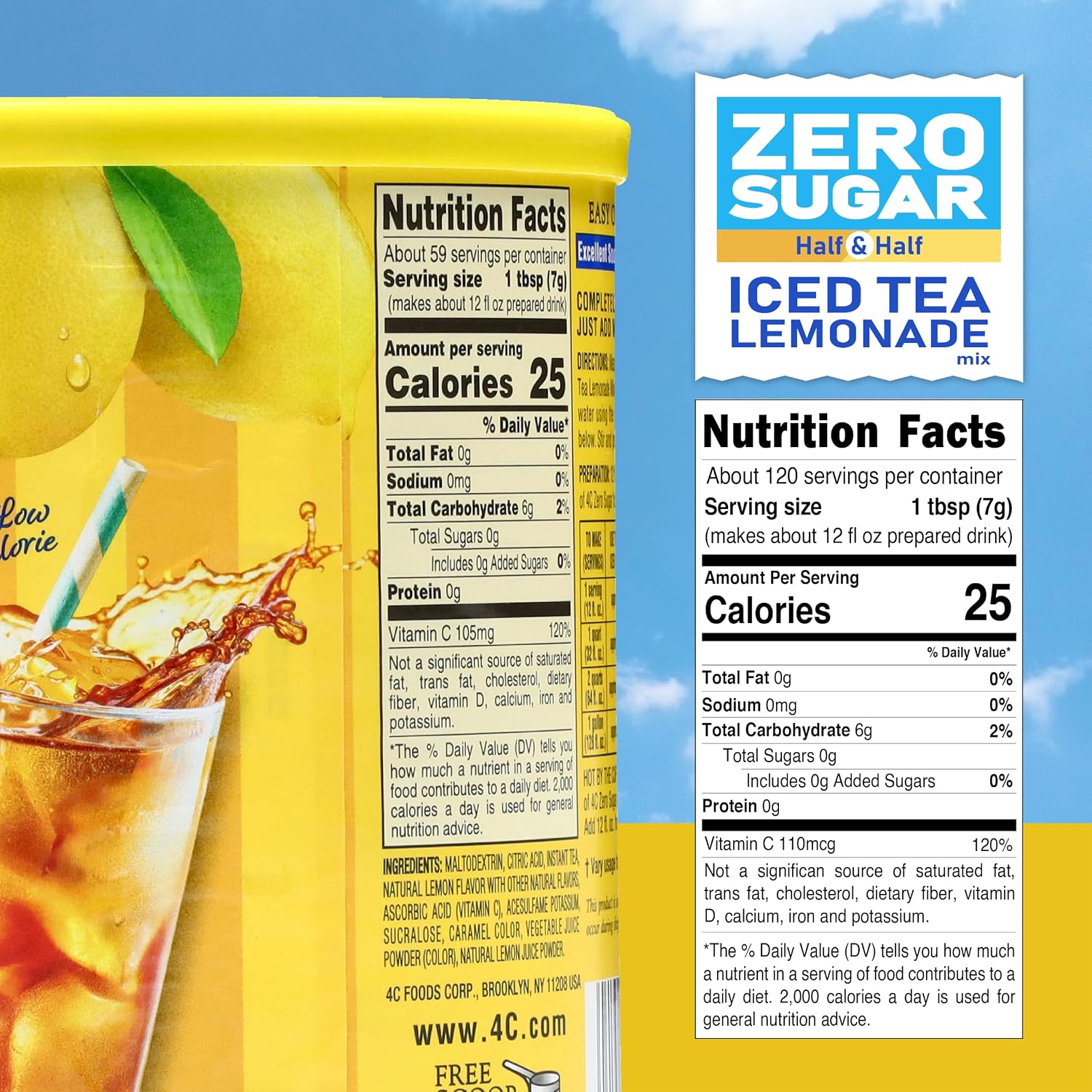 4C Zero Sugar Powdered Drink Mix Cannisters, Zero Sugar Half & Half 3 Pack, 22 Quarts, Family Sized Cannister, Low Calorie, Thirst Quenching Flavors image 2