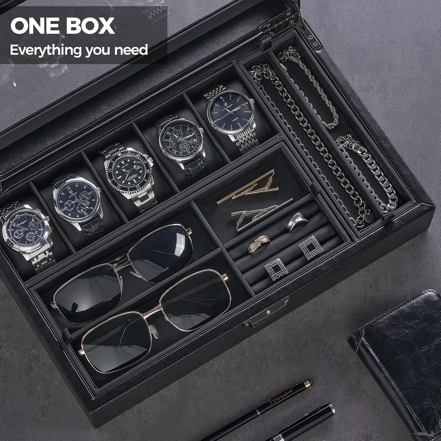 ProCase Men's Jewelry Box, 5-Slot Wood Watch Display Case Jewellry Storage Organizer for Sunglasses Rings Accessories with Hidden Compartment, Watch Holder with Glass Lid, Gift for Men -Black