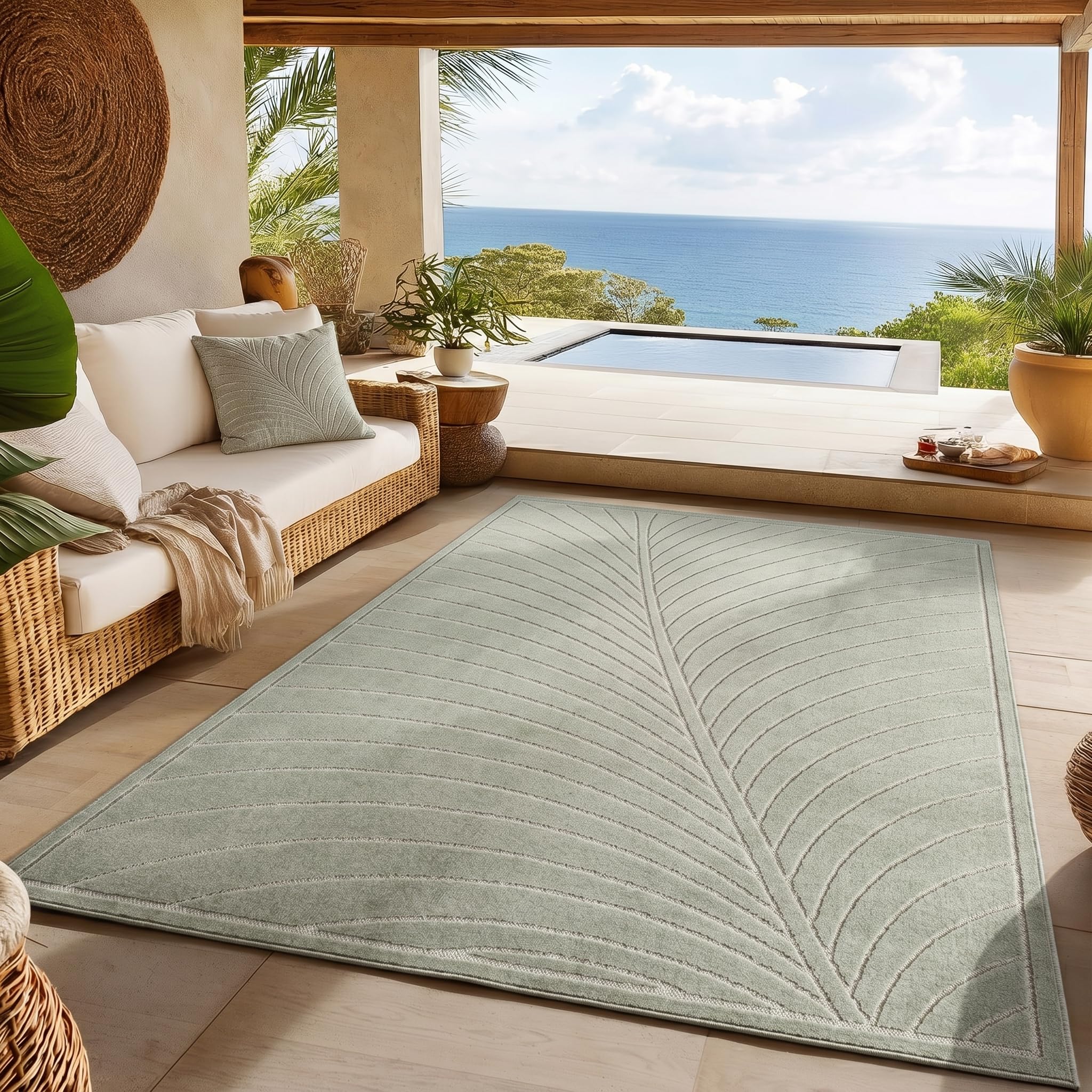 SIMPEX Kurzflor Teppich Wohnzimmer, Schlafzimmer, Küche, 3D Hoch-Tief-Effekt, Skandinavisch Boho Motiv, für Outdoor Bereich geeignet Terrassen oder im Balkon