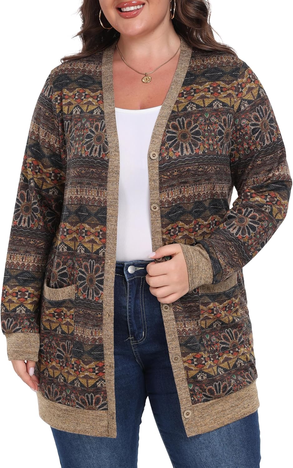 OLRIK Women Plus Size Cardigan Open Front Button Down Sweater Lightweight Jacket with Pockets Fall Winter Outfits