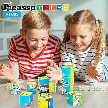 PicassoTiles Magnetic Tiles Pete the Cat Magnet Puzzle Cube Set 6 Cartoon Theme Mix and Match Brain Teaser STEM Educational Toy for Kids Toddlers Preschool Age 3 Plus Sensory Learning Play Kit PTC03