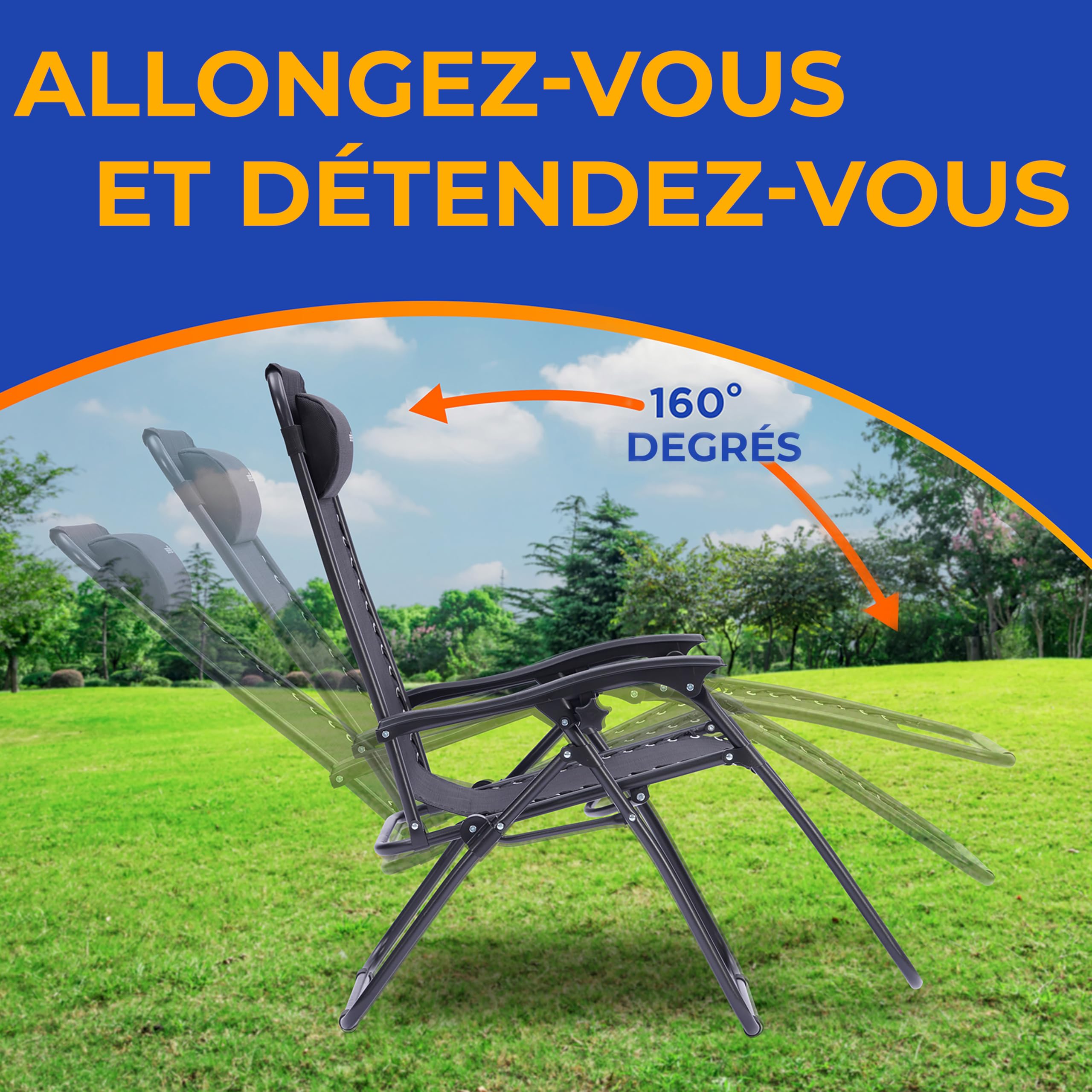 SereneLife Set de 2 Chaises Pliantes - Chaise Longue Réglable pour Extérieur avec Table Latérale, Porte-Gobelets, Oreillers Amovibles - Patio, Jardin, Plage - Noir
