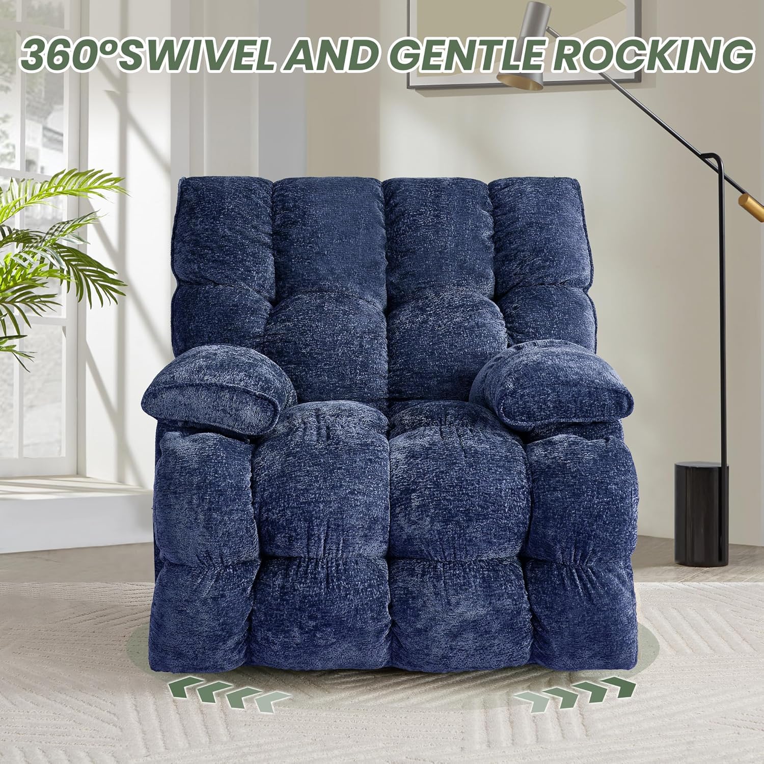 Oversized Rocker Recliner Chair 42” Power Swivel Recliner for Living Room Overstuffed Extra Wide Rocking Recliners with Breathable Soft Fabric Up to 400lbs(Manual Blue)