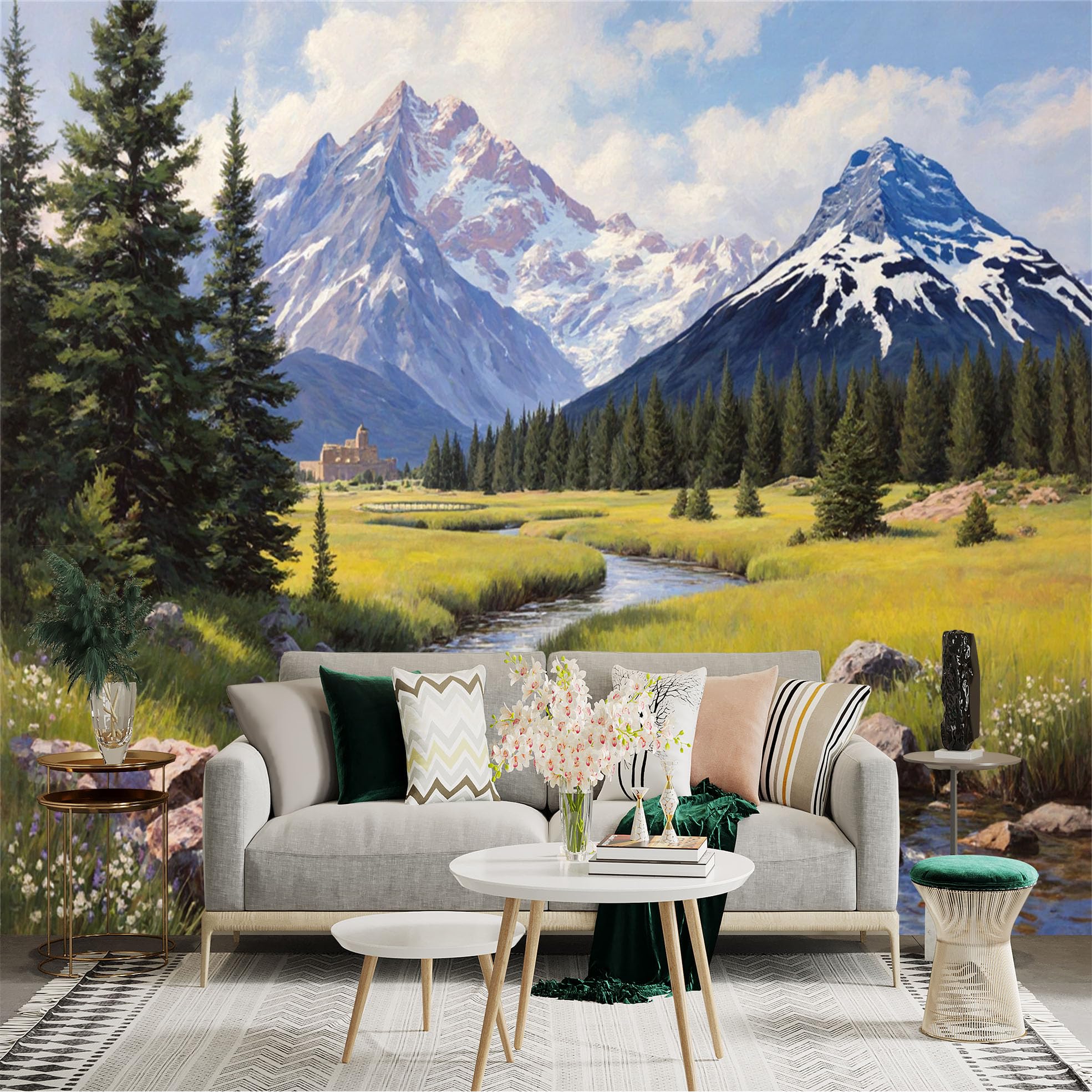 Lnzczhyre Xc260505736 Custom Size Wall Sticker Mural， Snow Capped Mountain Peaks， Winding River Landscape， Evergreen Pine Forest， Scenic Valley View， For Wall Decoration， Peelandstick Wall Decals.