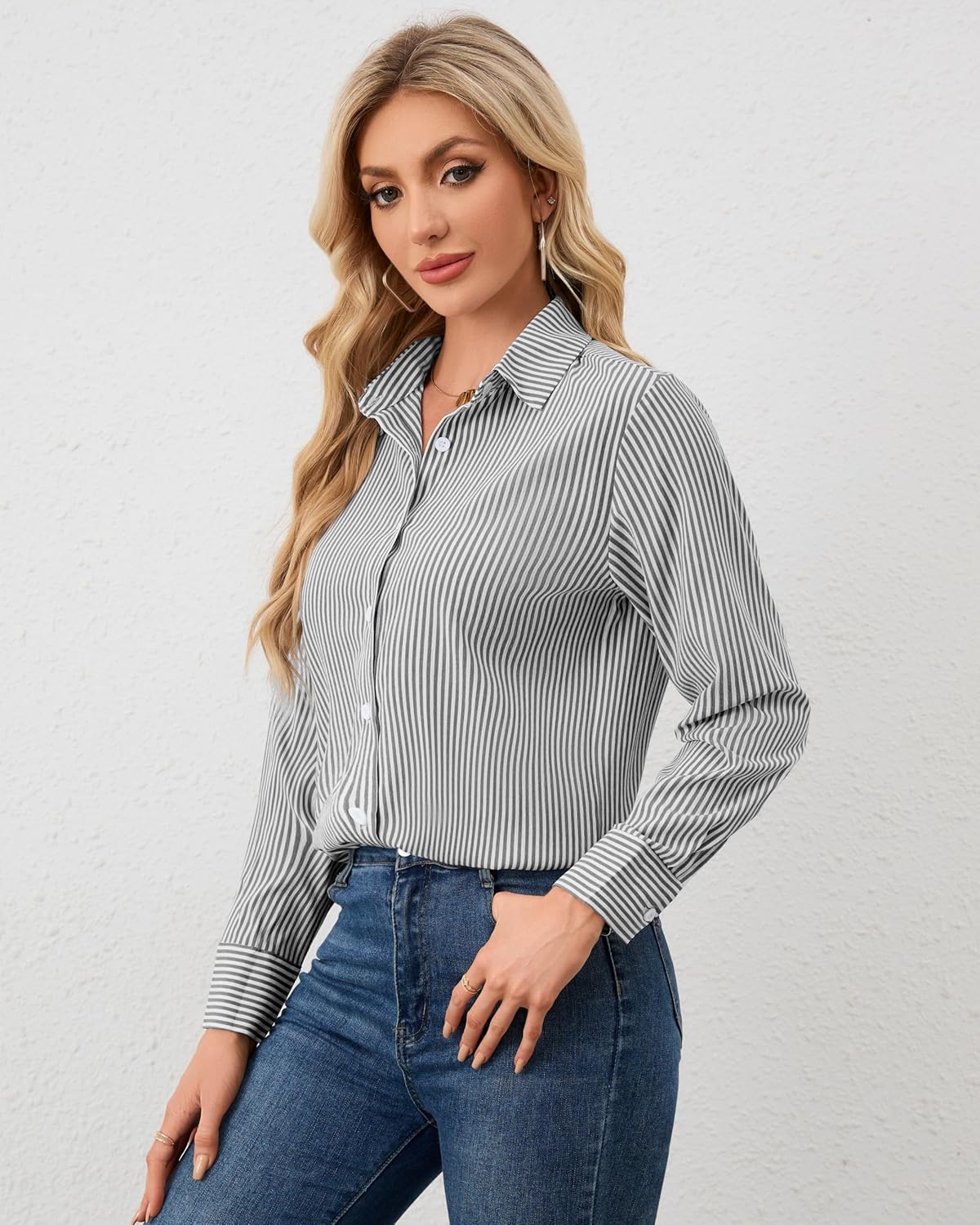 YAMANMAN Women's Button Down Shirts Casual Long Sleeve Stylish Collared Blouses V Neck Work Office Tops - Image 3