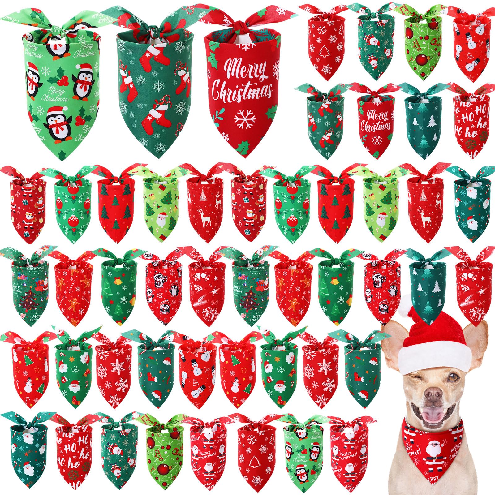 Preboun 50 Pieces Christmas Dog Bandanas Bulk Xmas Red and Green Bandanas for Dogs Holiday Triangle Scarf for Christmas Puppy Small Medium Large Doggie Costume Accessories (19.7 x 13.8 x 13.8 Inch)