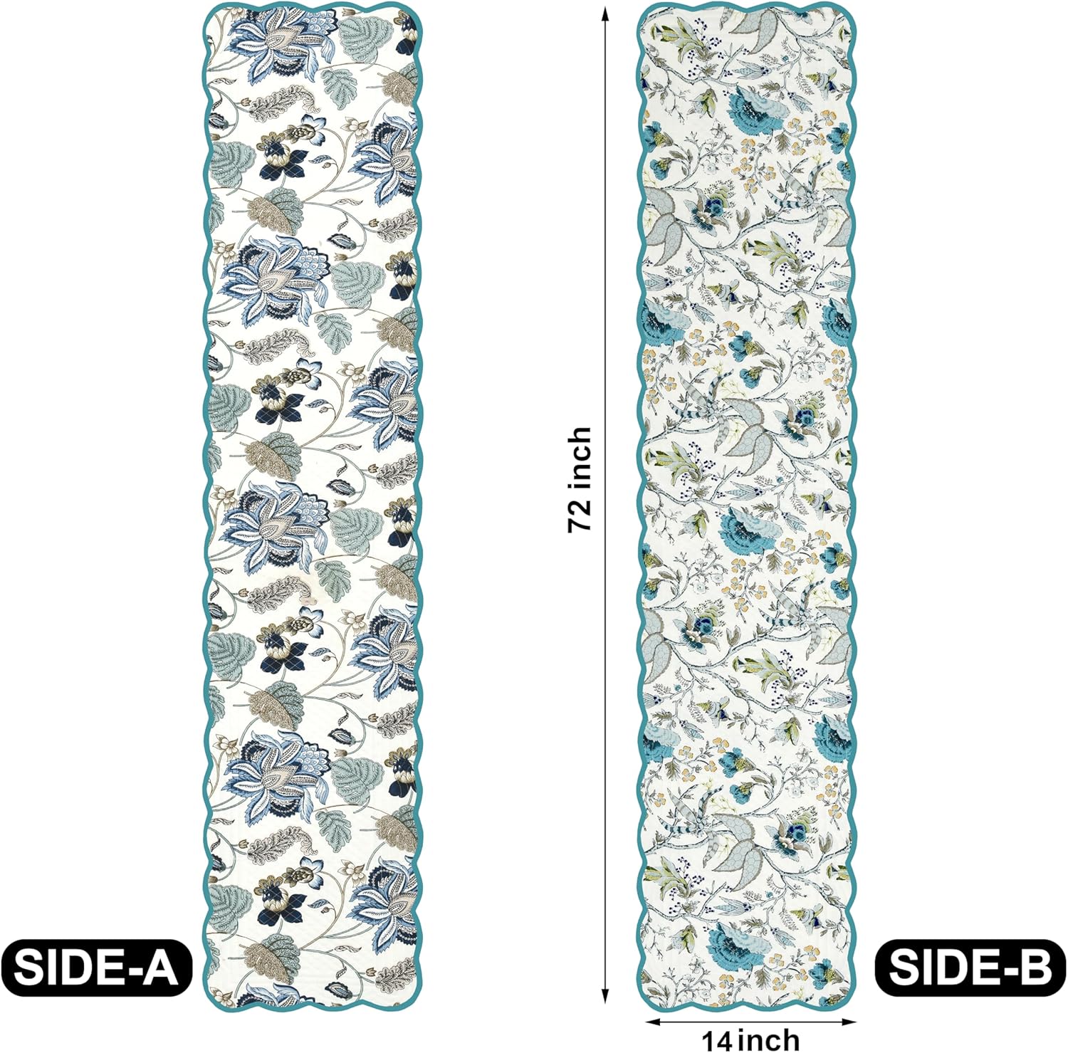 Botanical Blues - Bloom Collection Luxury Handcrafted Runner (Reversible) Cotton Quilted Fabric Machine Washable – Elegant Home Decor – 14 x 72 inches