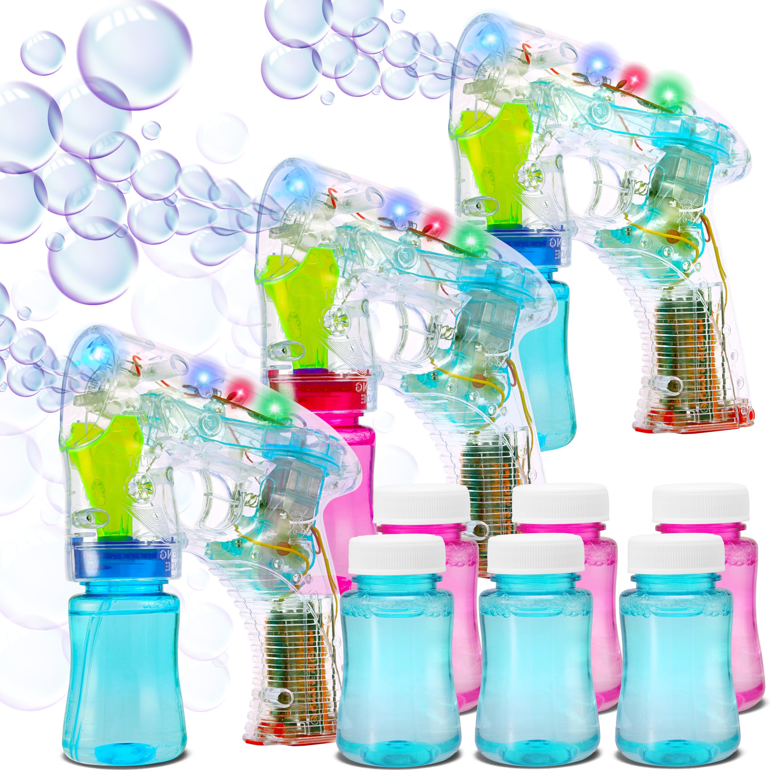 Light Up Bubble Gun for Kids - 3 Pack Bubble Machine Gun with Lights - 3 Bottles Refill Solutions (2oz. Each) – LED Bubble Blaster Gun Party Favors or Gift for Boys & Girls - Srenta