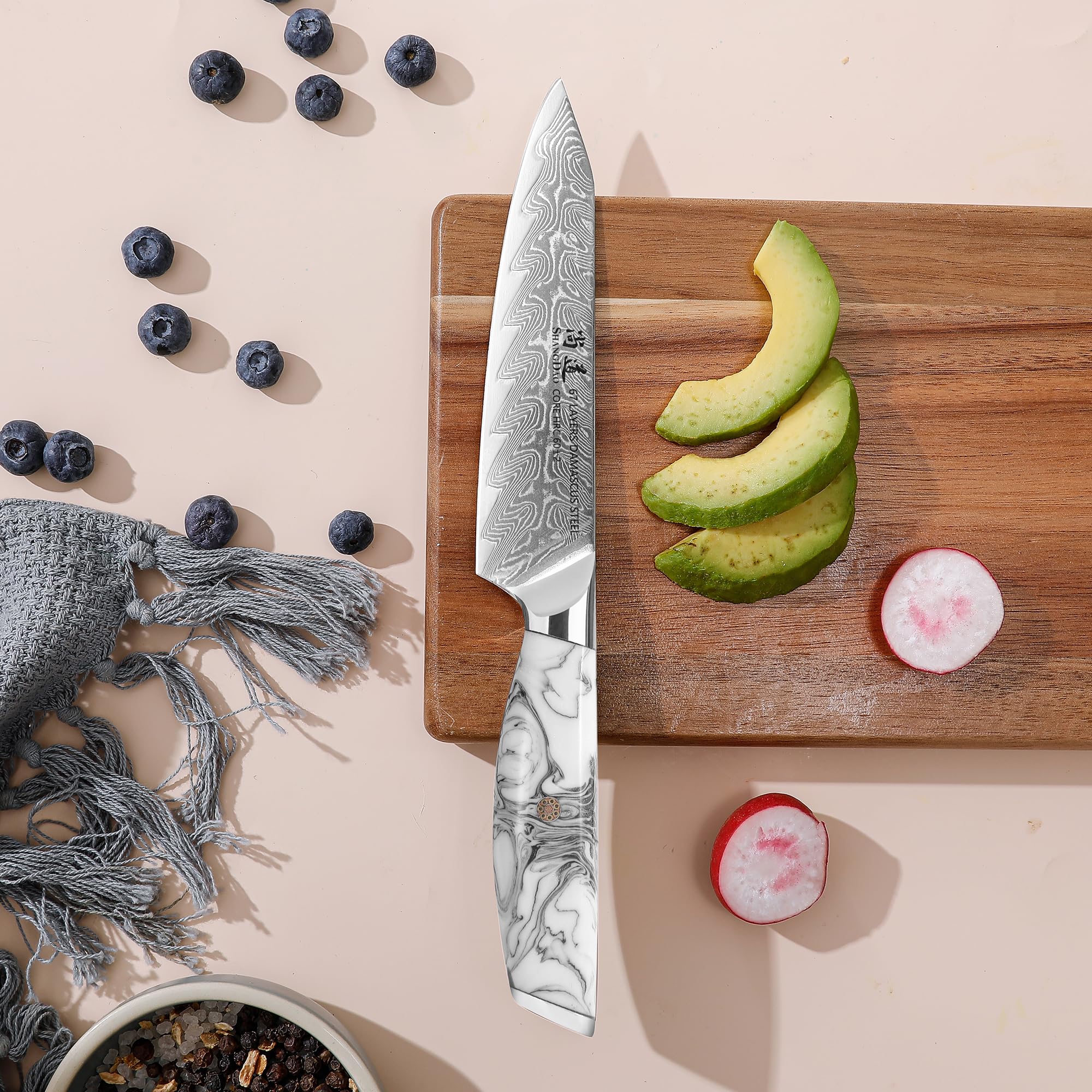 SHANGDAO Couteau de Cuisine 13 cm, Couteaux d'office pour Fruits et légumes tranchants, Acier damas forgé avec Manche en résine