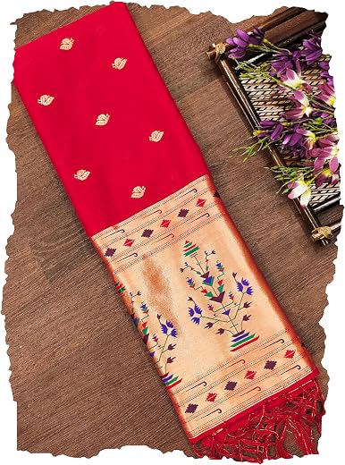 DEVANGI Women's Woven Paithani Banarasi Silk Dupatta/Chunni For Women, Floral Print 1 Meter Wide and 2.3 Meter Length Prin...