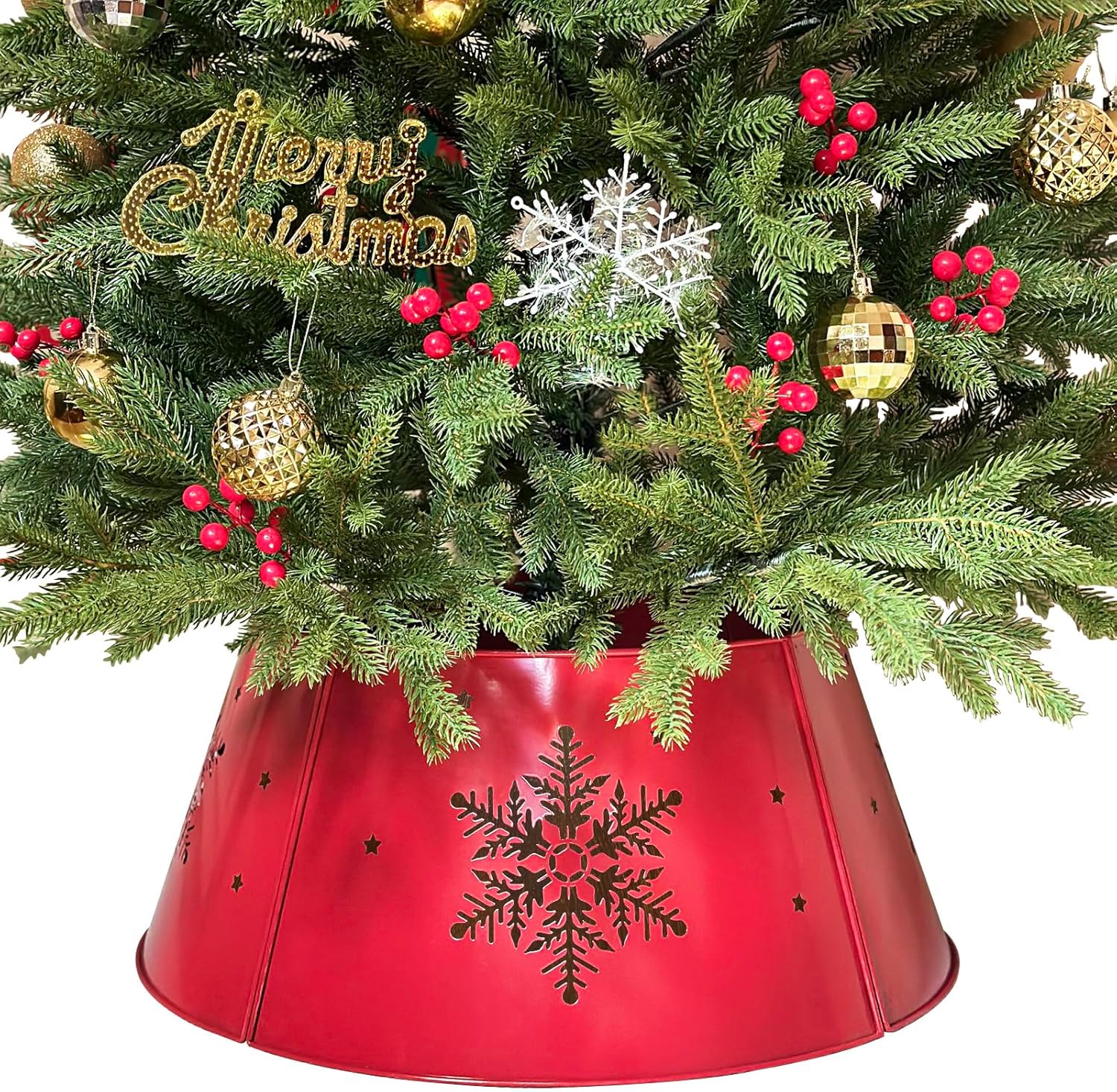 15.5" red christmas tree collar for pencil tree, round metal tree collar with snowflake design, pet-proof christmas tree collars for artificial trees, secure & reusable holiday décor red15.5