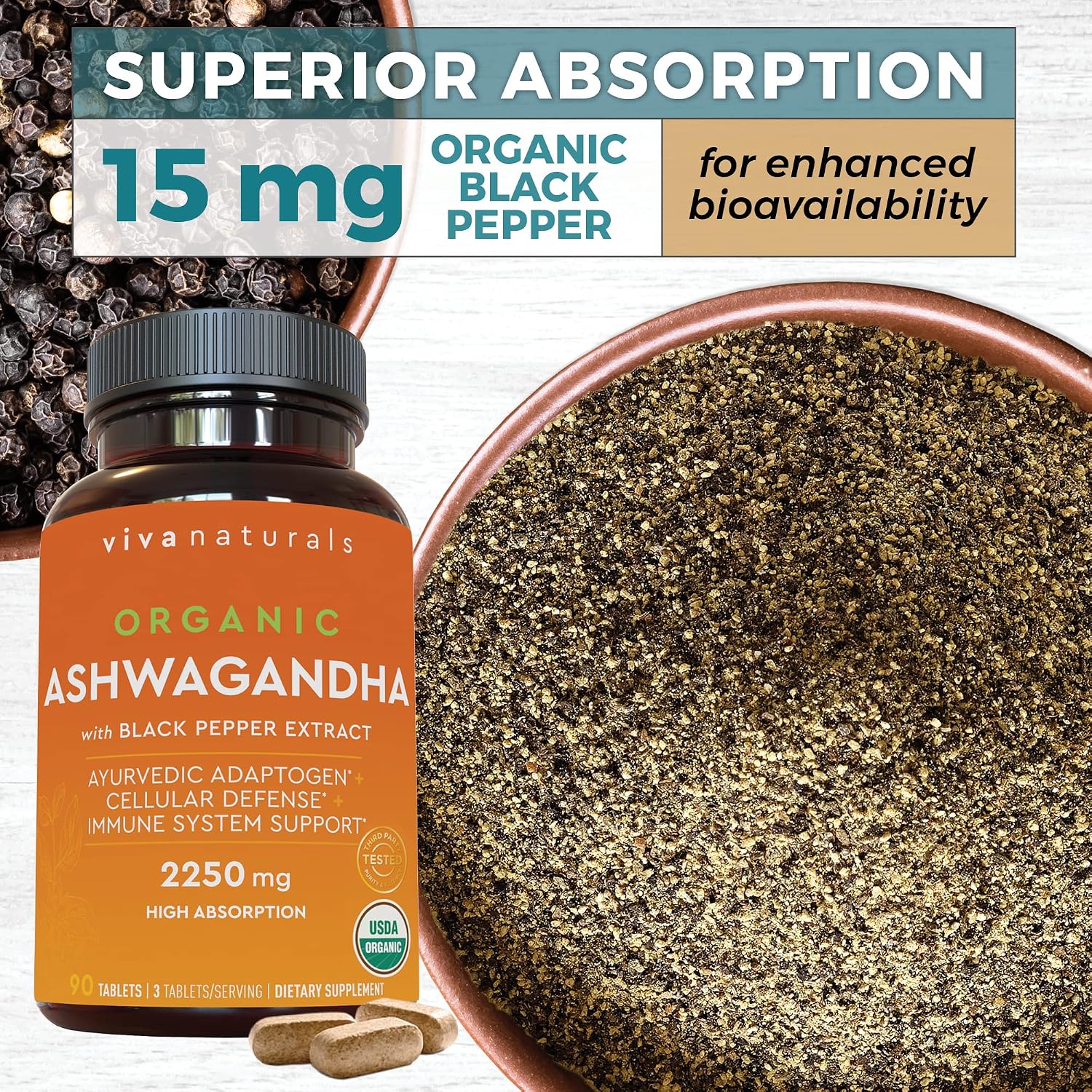 Organic Ashwagandha Supplement with Black Pepper - Includes 2250 mg Ashwagandha Root Powder & Organic Black Pepper for Superior Absorption (90 Tablets),  Antioxidant & Immune Support