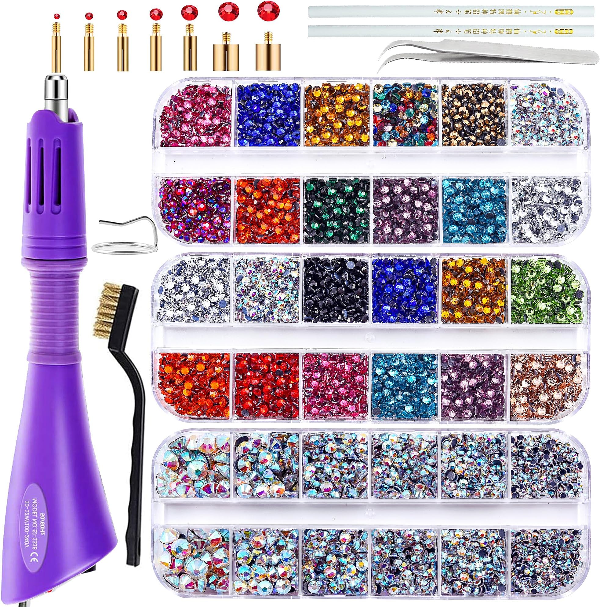 Hotfix Rhinestones Applicator Tool for Crafts Clothes, Hot Fix Rhinestone Applicator Set Pen Iron Bedazzler Kit with 6000PCS Round Crystals Gems for Shoes