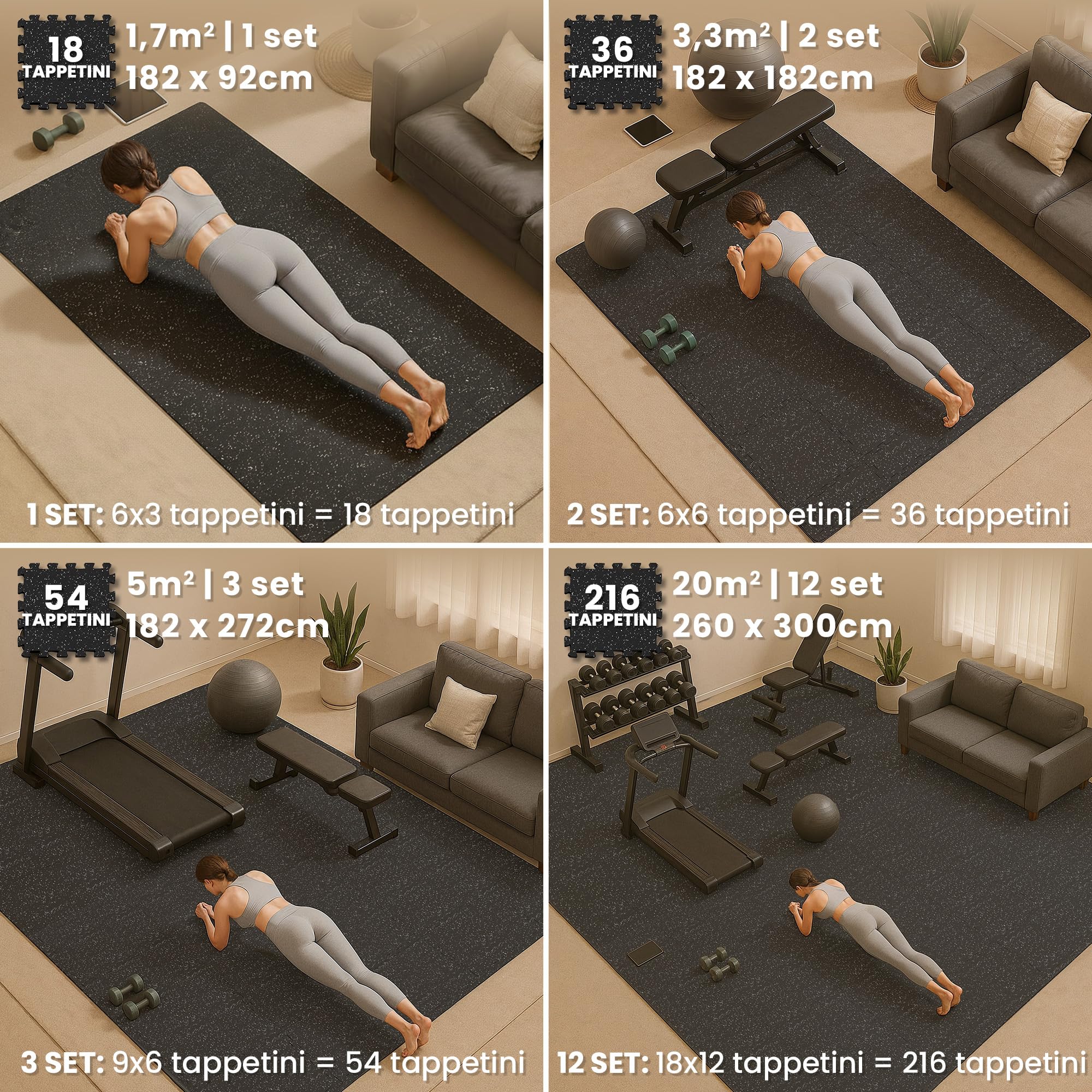 bemaxx Tappetino Palestra 18 Pezzi – Tappetino Fitness Puzzle in EVA e Gomma – Tatami Antiscivolo per Home Gym, Ginnastica, Piscina e Garage