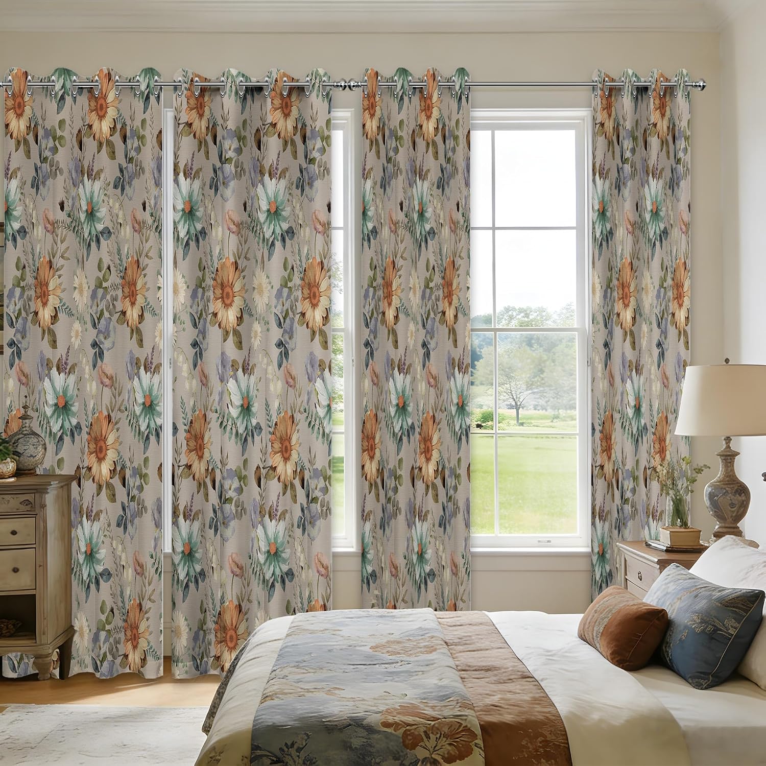 Beige Vintage Floral Botanical Blackout Curtains Patterned Bohemian Flower Window Drapes for Boho Bedroom Living Room, 84 inch Length 2 Panels Set, 52x84 inch