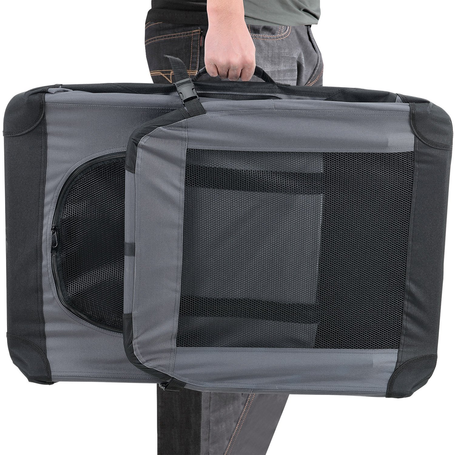 Cage de Transport pour Chien Box de Transport pour Chien Chenil Polyester Pliant Gris Taille L