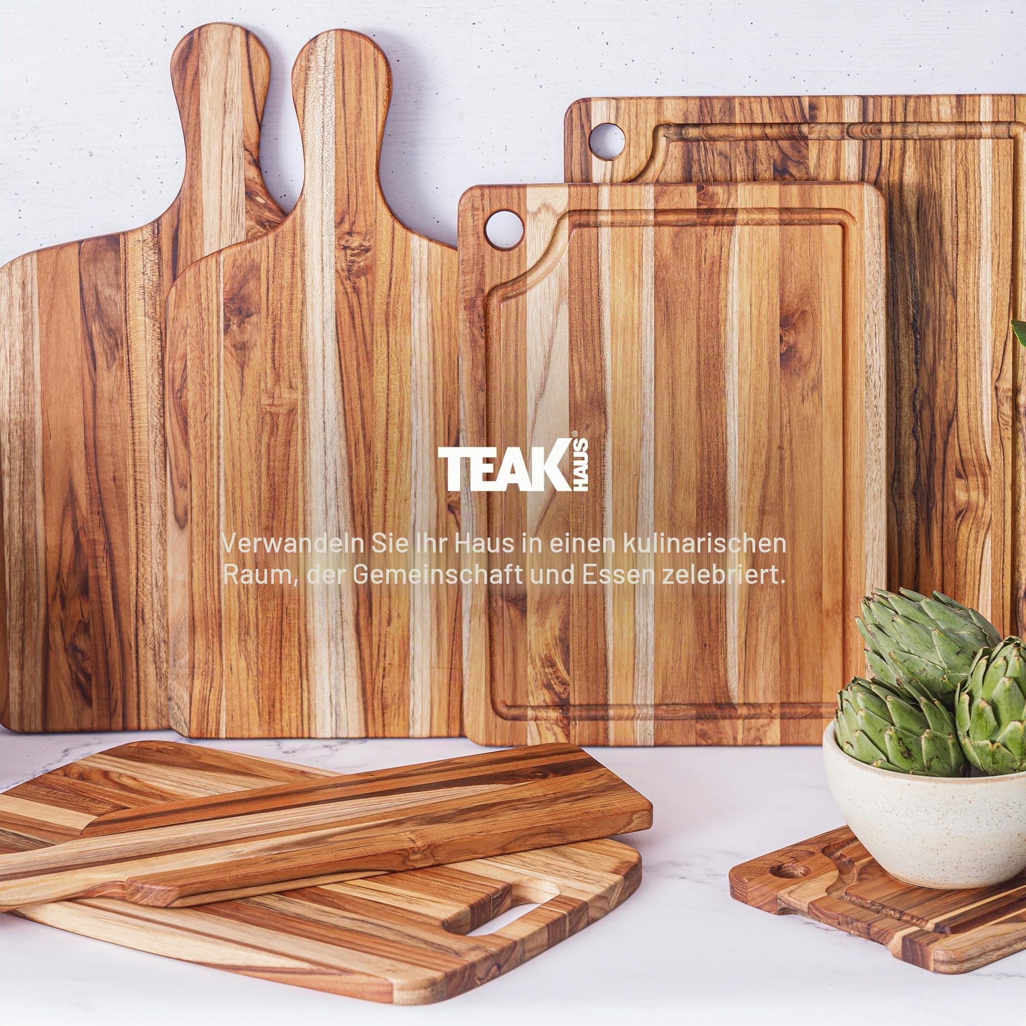 Teakhaus Marine Schneidebrett mit Saftrille, 46×36×2 cm, FSC-Teakholz | Holzbrett mit Aufhängevorrichtung, messerfreundlich, langlebig, für Fleisch, Gemüse und Kräuter geeignet