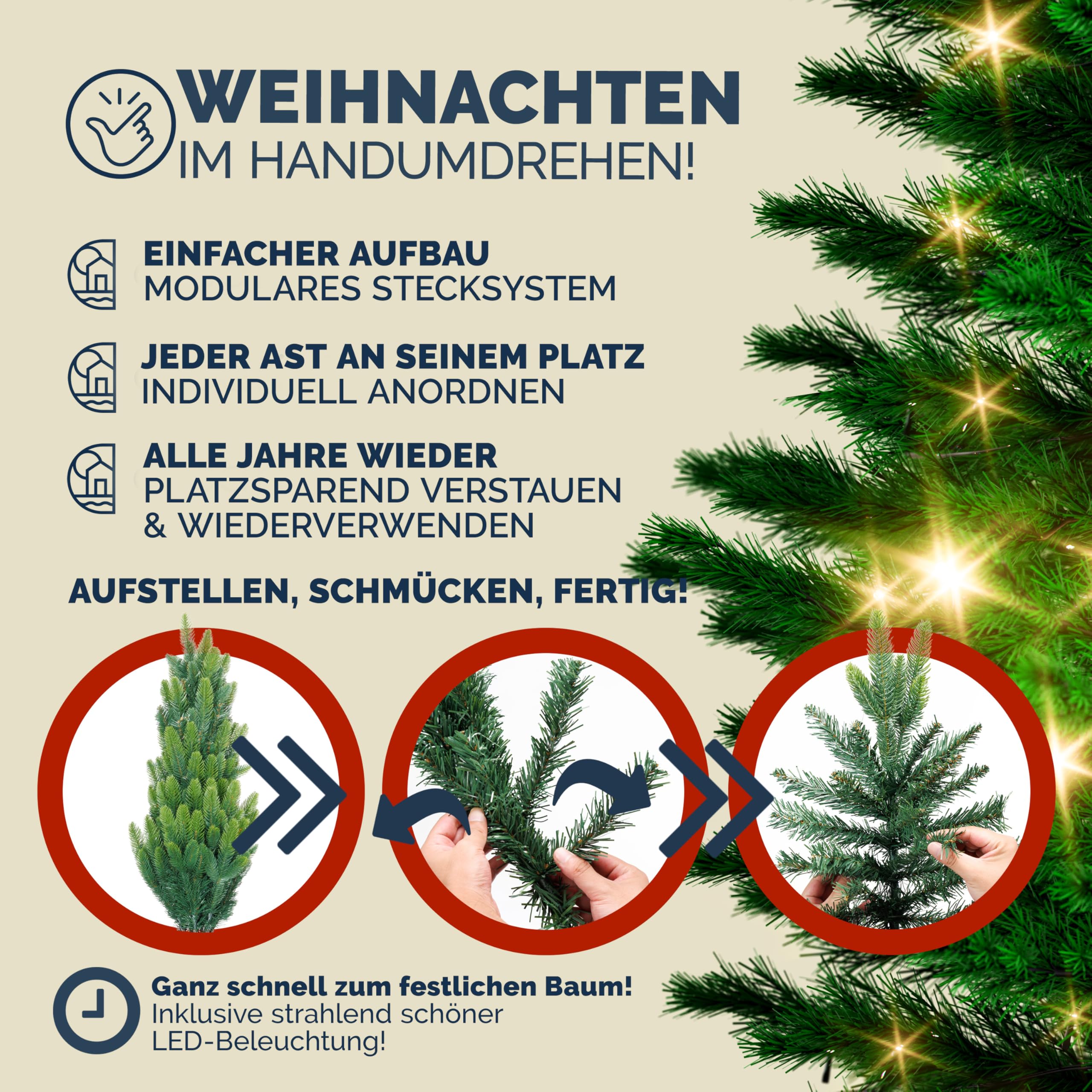 CASARIA® Weihnachtsbaum künstlich 150 cm Lichterkette 100 LED Tannenbaum mit Beleuchtung wie echt Stecksystem dichte Spitzen stabil schwer entflammbar | mit Beleuchtung, Lichterkette, 100 LED, Tannenbaum, dichte Spitzen, stabil, schwer entflammbar, Stecks