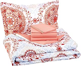 AmazonBasics 5-Piece Bed-In-A-Bag, Twin / Twin Extra-Long Bedding Comforter Sheet Set, Coral Medallion, Microfiber, Ultra-Soft - coolthings.us