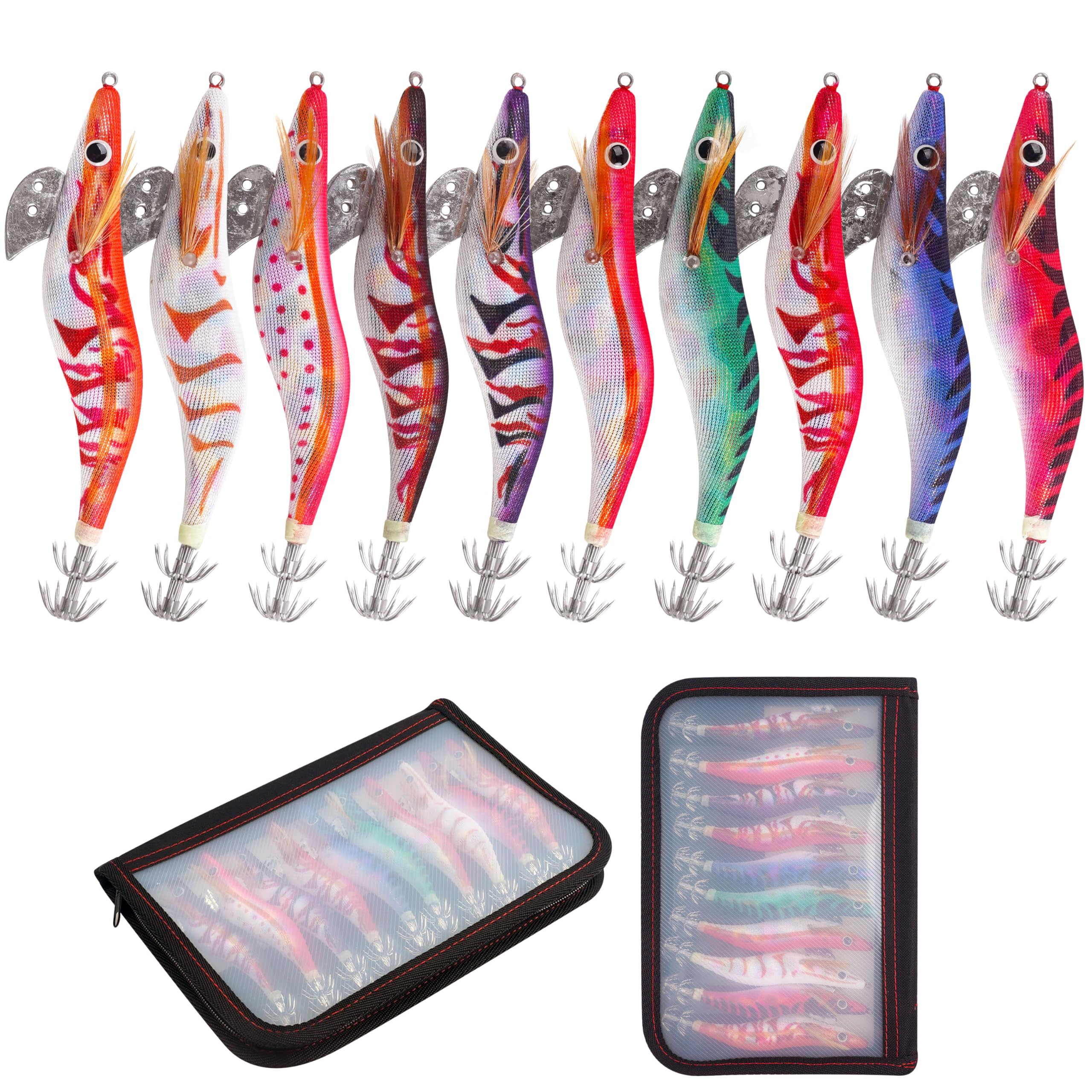 Squid Jig Luminous Fishing Lures, 10pcs Sea Fishing Lures Kit Luminous Tail Squid Jig Hooks Hard Shrimp Baits Fake Prawn Lure for Octopus Cuttlefish Fishing Tackle