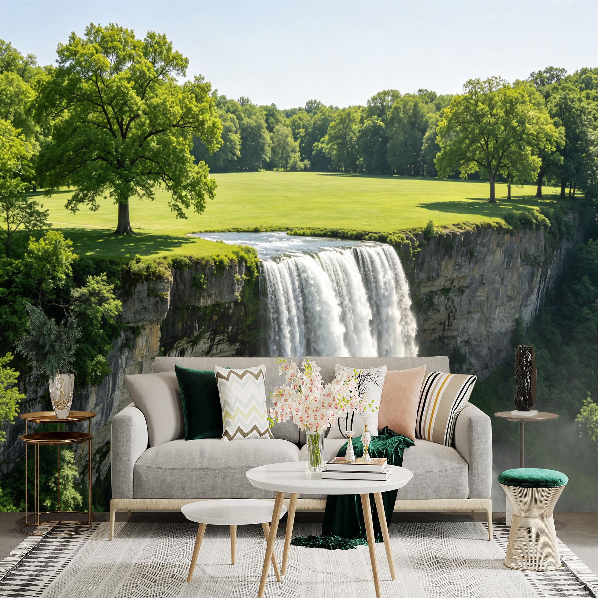 Lnzczhyre Dbh260521211 Custom Size Wall Sticker Mural， Scenic Waterfall With Lush Green Trees And Meadow， For Wall Decoration， Peelandstick Wall Decals.