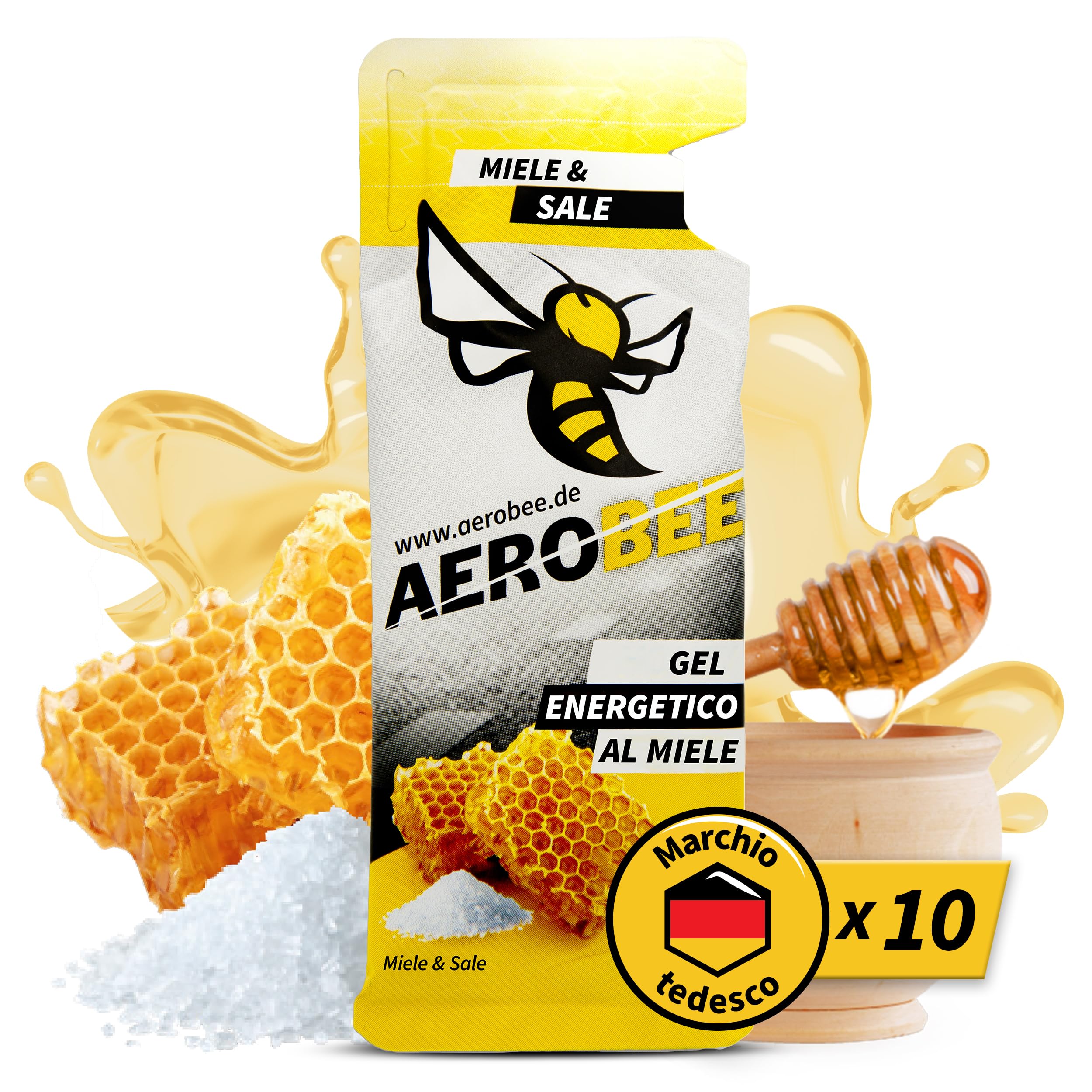 AEROBEE Gel energetico classico - Miele & Sale 10x26g [100% energetico naturale al miele] delizioso gel sportivo adatto per sport di resistenza, corsa con gel di carboidrati