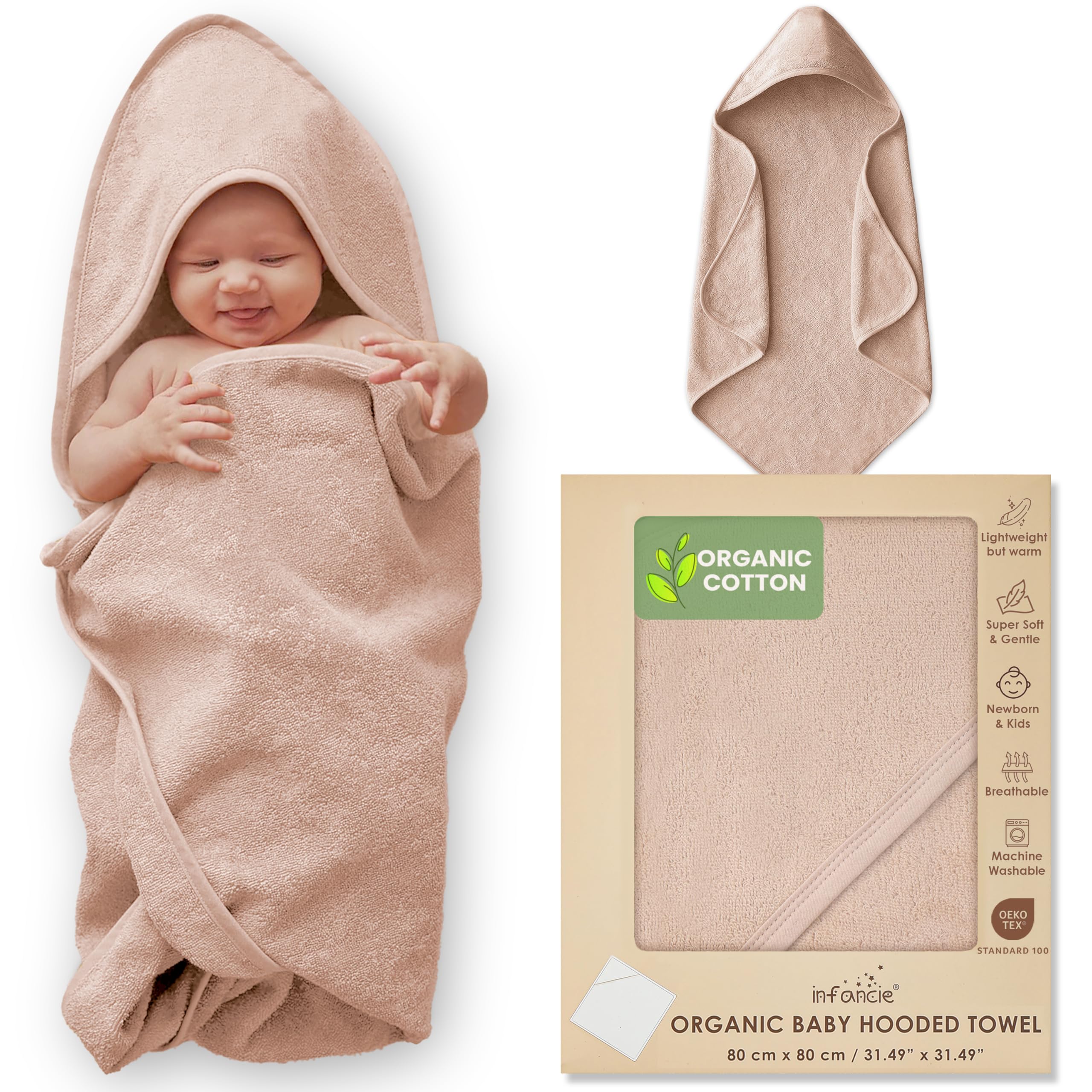 infancie Organic Cotton Plush Woven Hooded Baby Towels, 31x31 Inches, Plush Bath Towels with Hood for Newborns and Kids, Girls & Boys (Sand, 31.4" L x