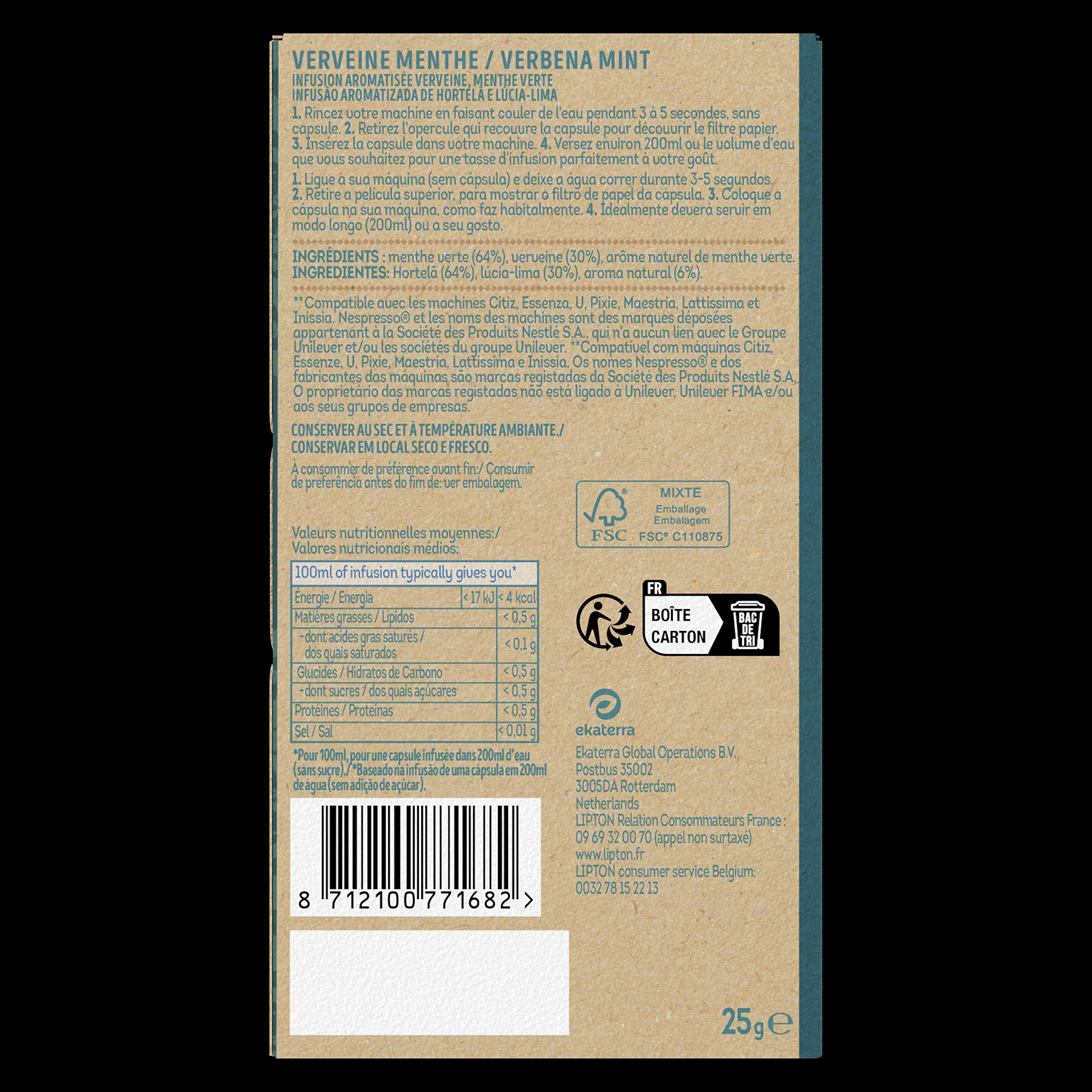 Lipton Assortiment de 3 Thés en Capsules Compatibles Nespresso : Thé Vert Marrakech Mint, Infusion Verveine Menthe, thé Noir Fruits Rouges, Compatibles Machines Nespresso, x60 capsules