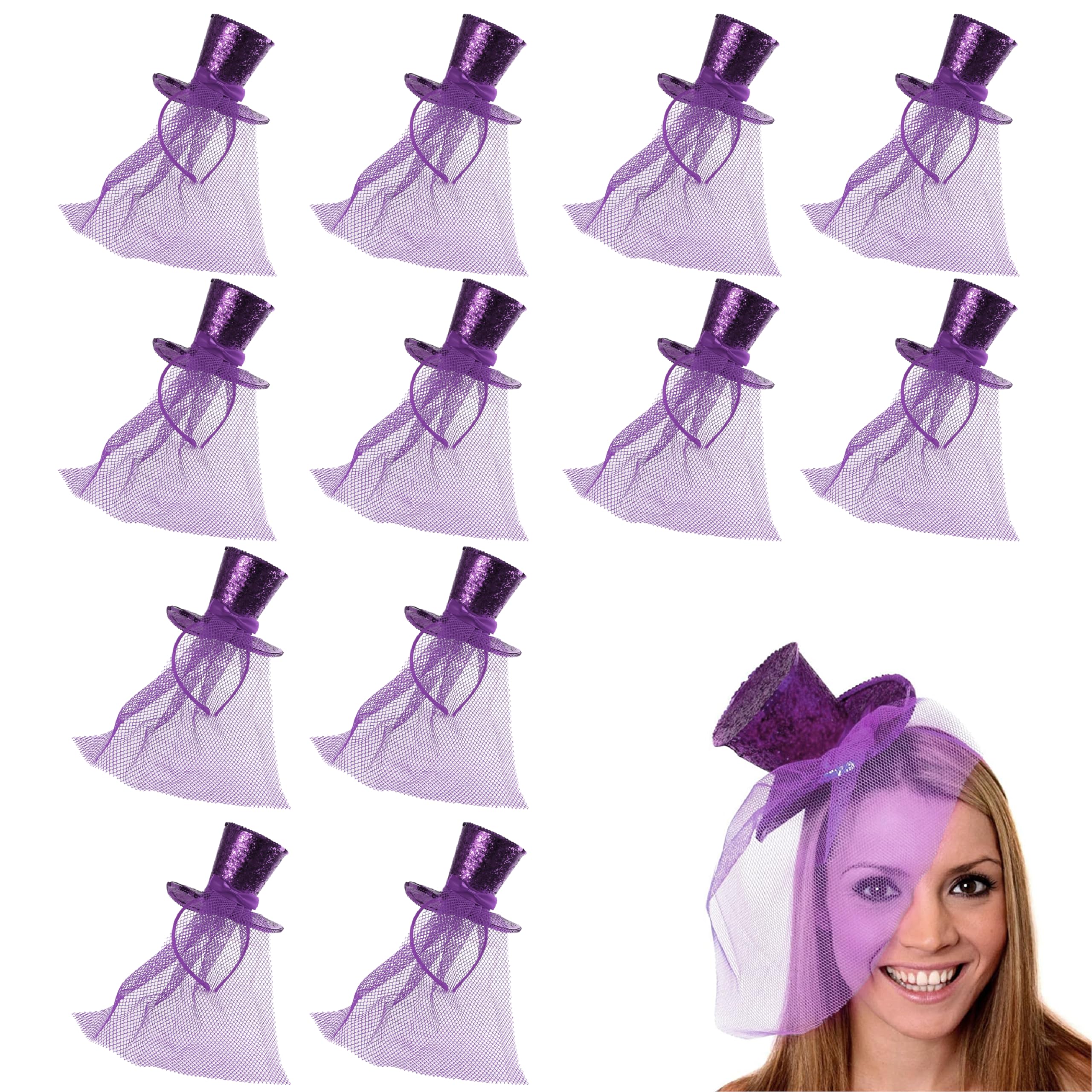 Ladies Glitter Top Hat - Pack of 1 - Mini Purple Sequin Top Hat with Matching Fascinator Veil - Ladies Halloween Christmas Fancy Dress Costume Accessory