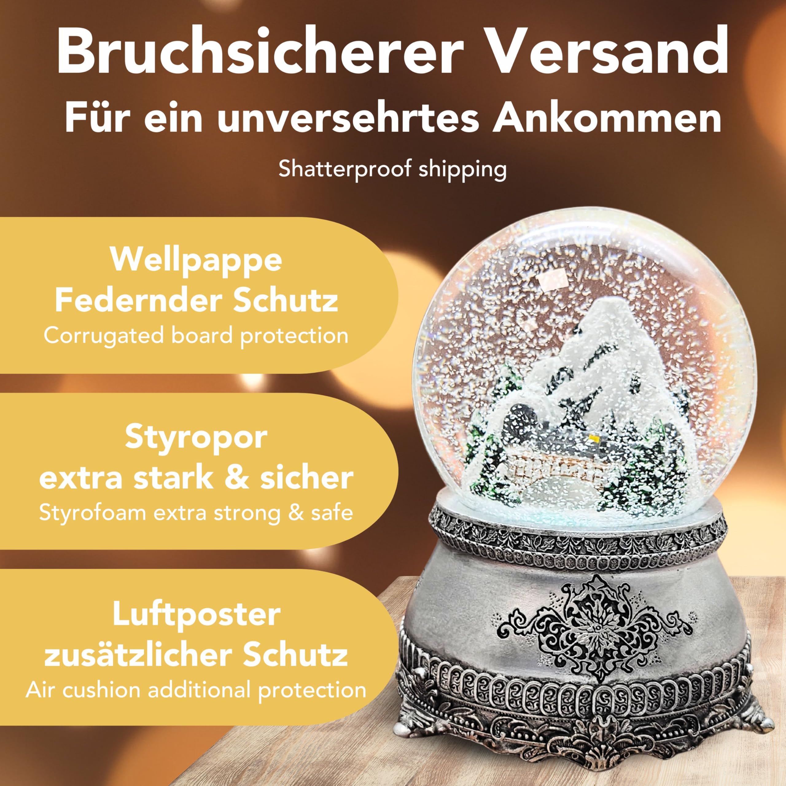 Schneekugel Berglandschaft mit Brücke | Sockel Zinnoptik Ornamente | mit Spieluhr | Schüttelkugel Weihnachtsdekoration | B: 10 cm H: 14 cm | 20255