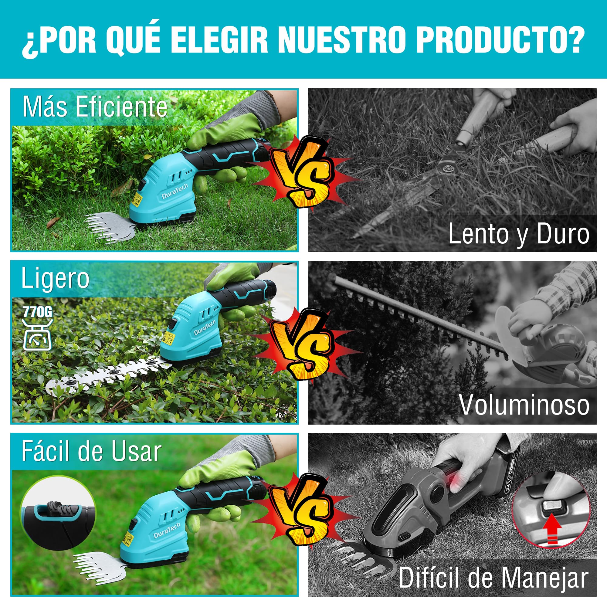 DURATECH 12V Tijera Cortacésped y Arreglasetos 2 en 1, Tijeras Eléctricos de Jardín con Alargador, Batería y Cargador, Cortasetos Eléctrico para Césped y Arbustos, para Jardinería