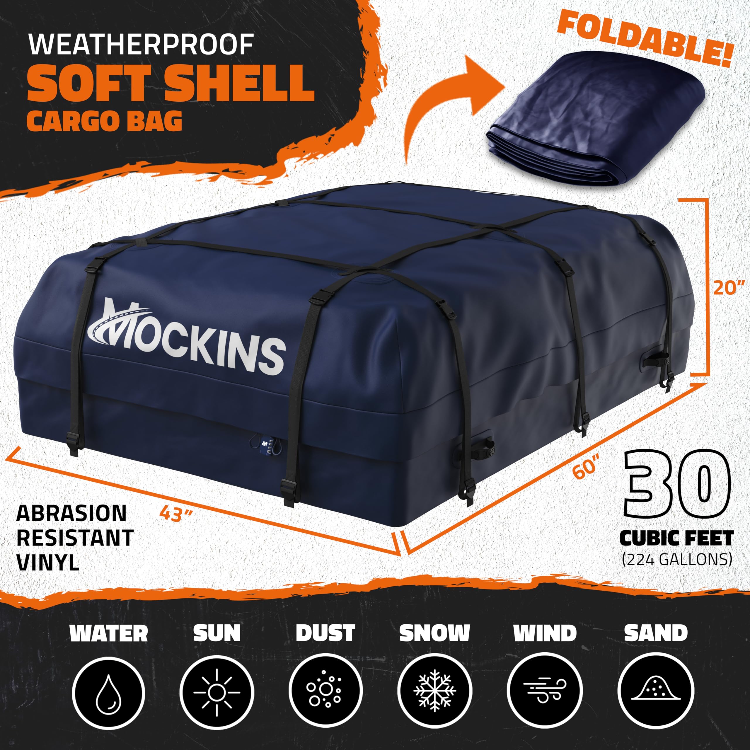 Mockins 30 CuFt Navy Waterproof Rooftop Cargo Bag For Use With or Without Roof Rack | 60